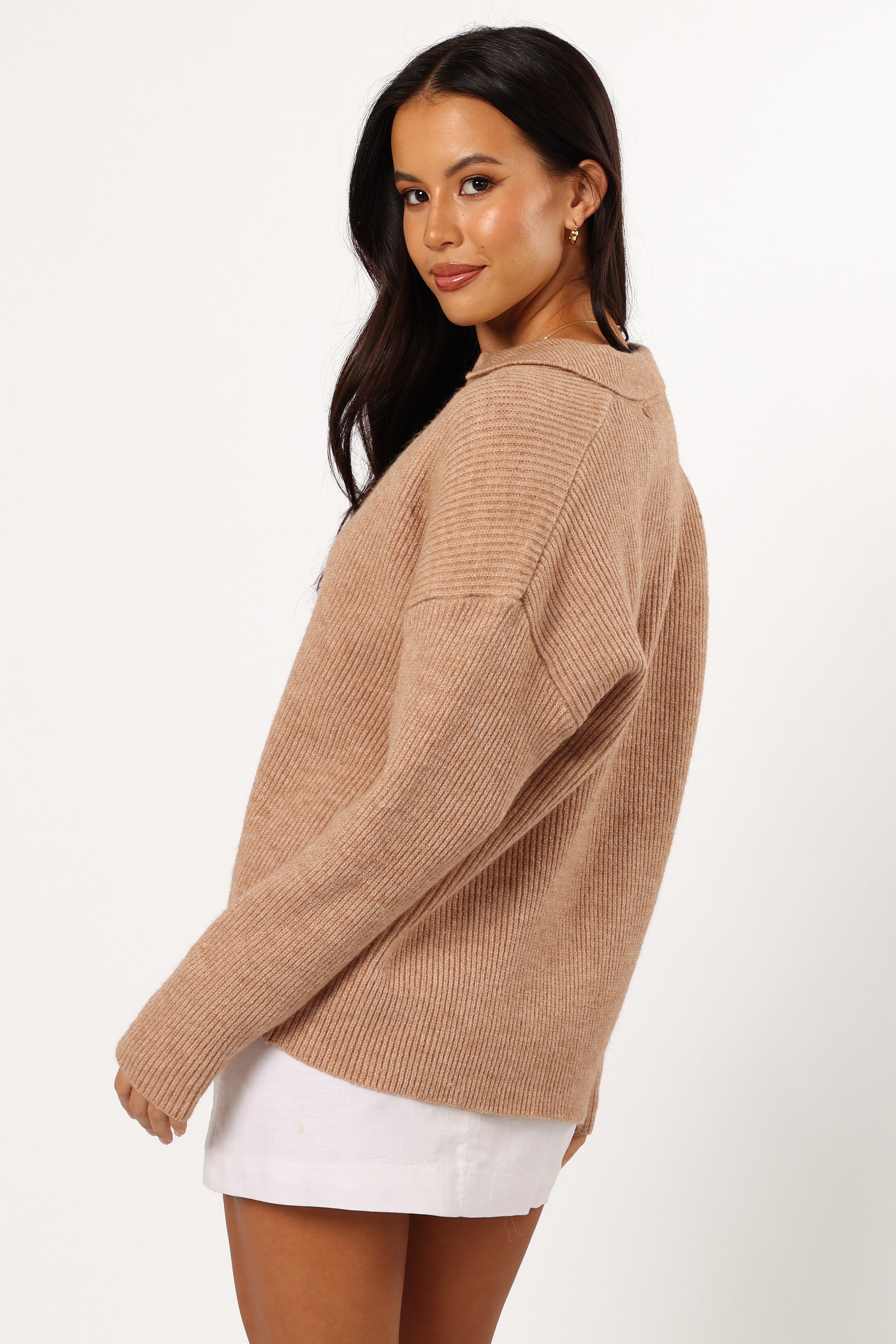 Zala Soft Knit V-Neck Cardigan - Mocha Long Sleeve Sweater