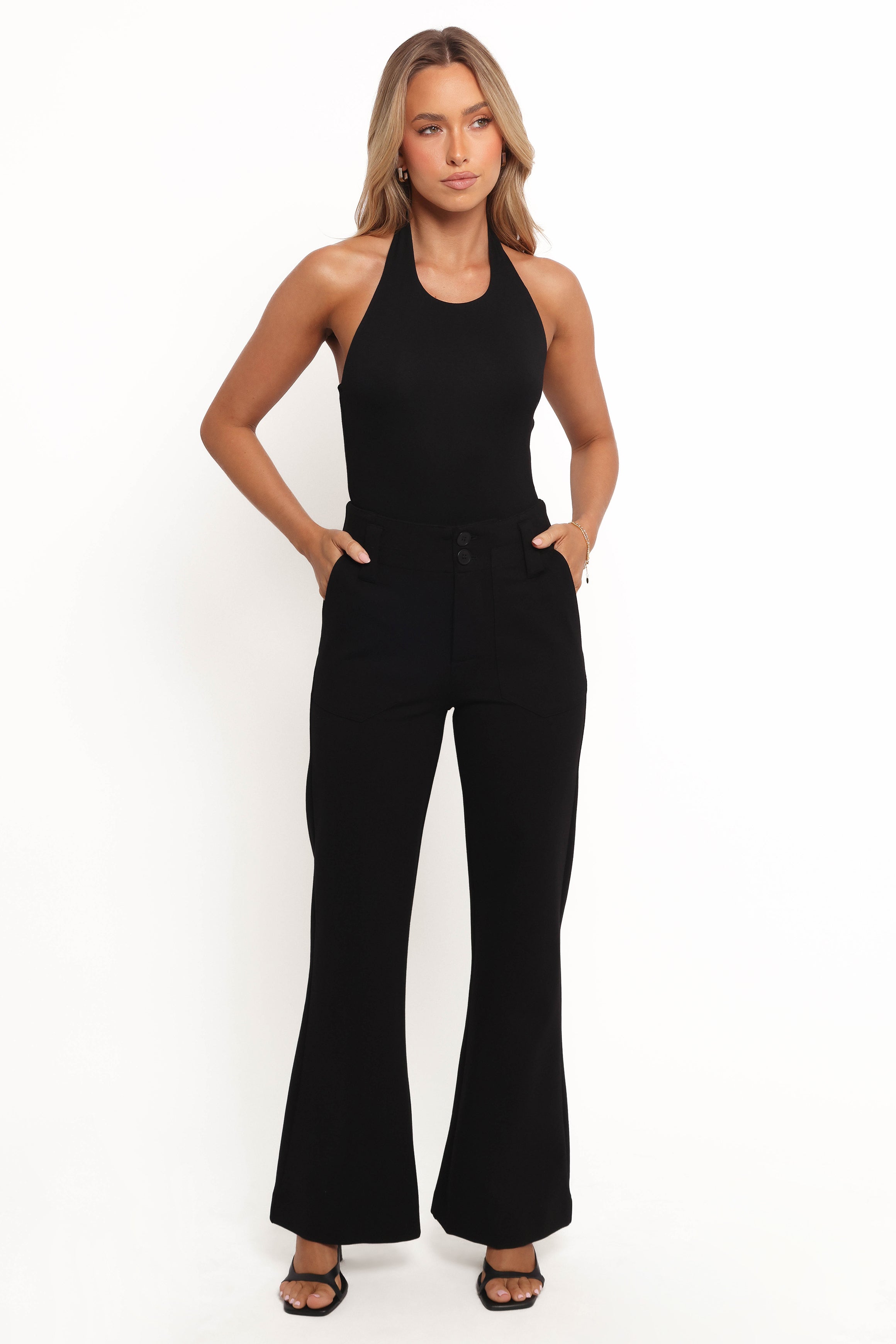 Bimmi High Waisted Flare Pants - Black Straight Leg Trousers