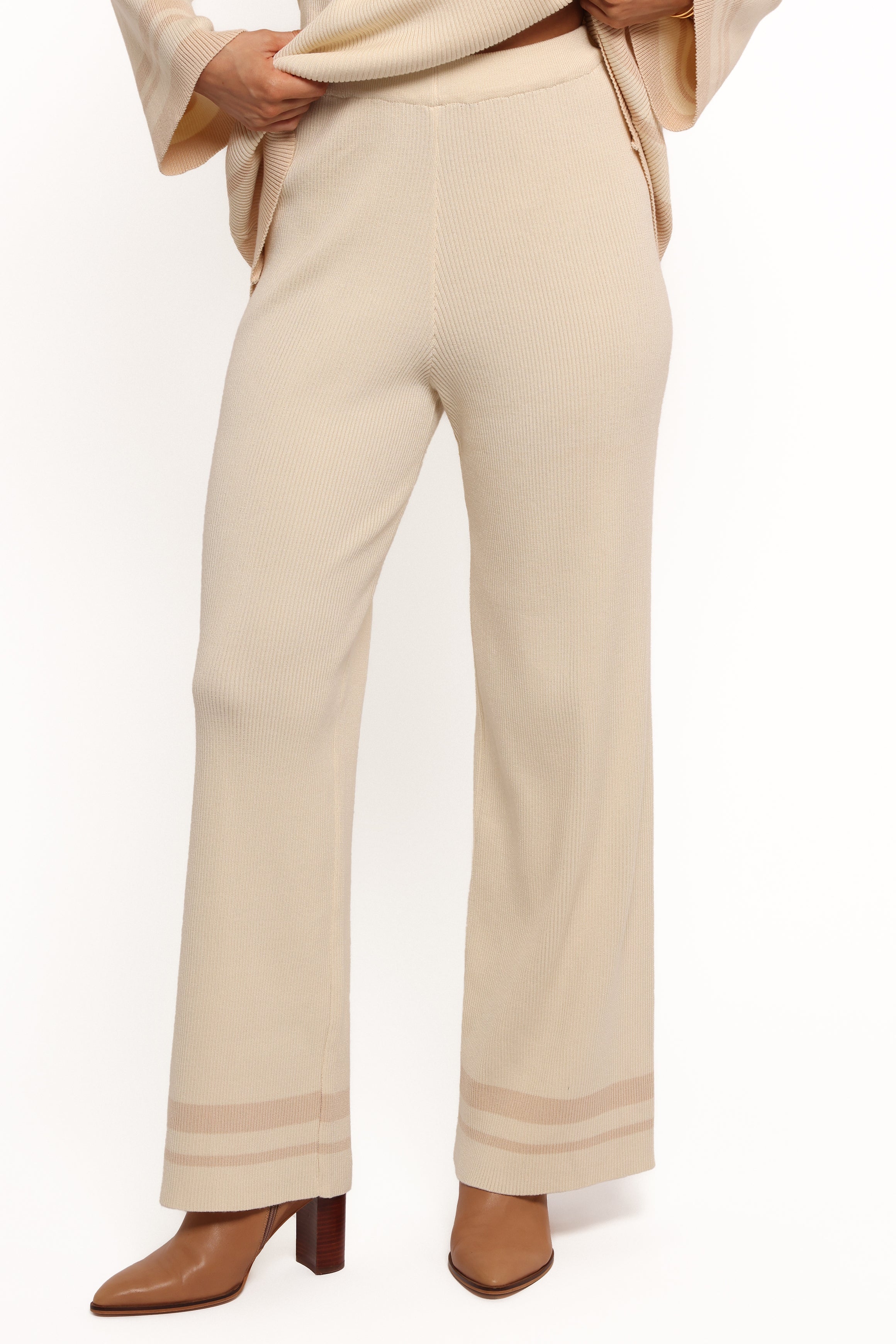 Lowell High Waisted Ribbed Knit Pants - White Cream Stretch