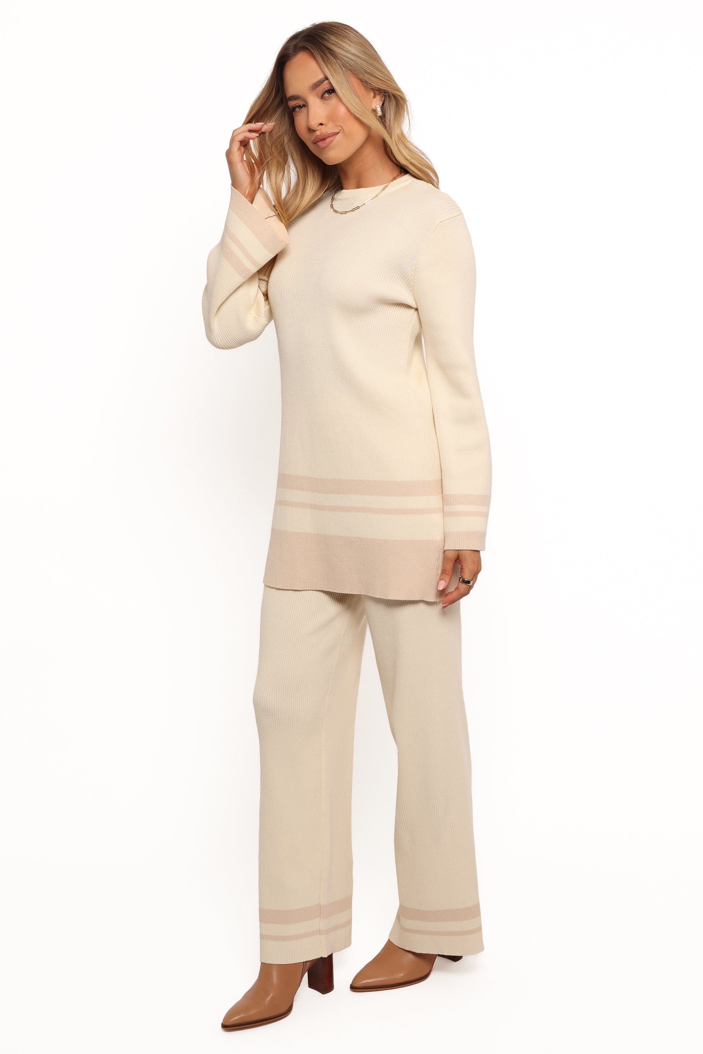 Lowell High Waisted Ribbed Knit Pants - White Cream Stretch
