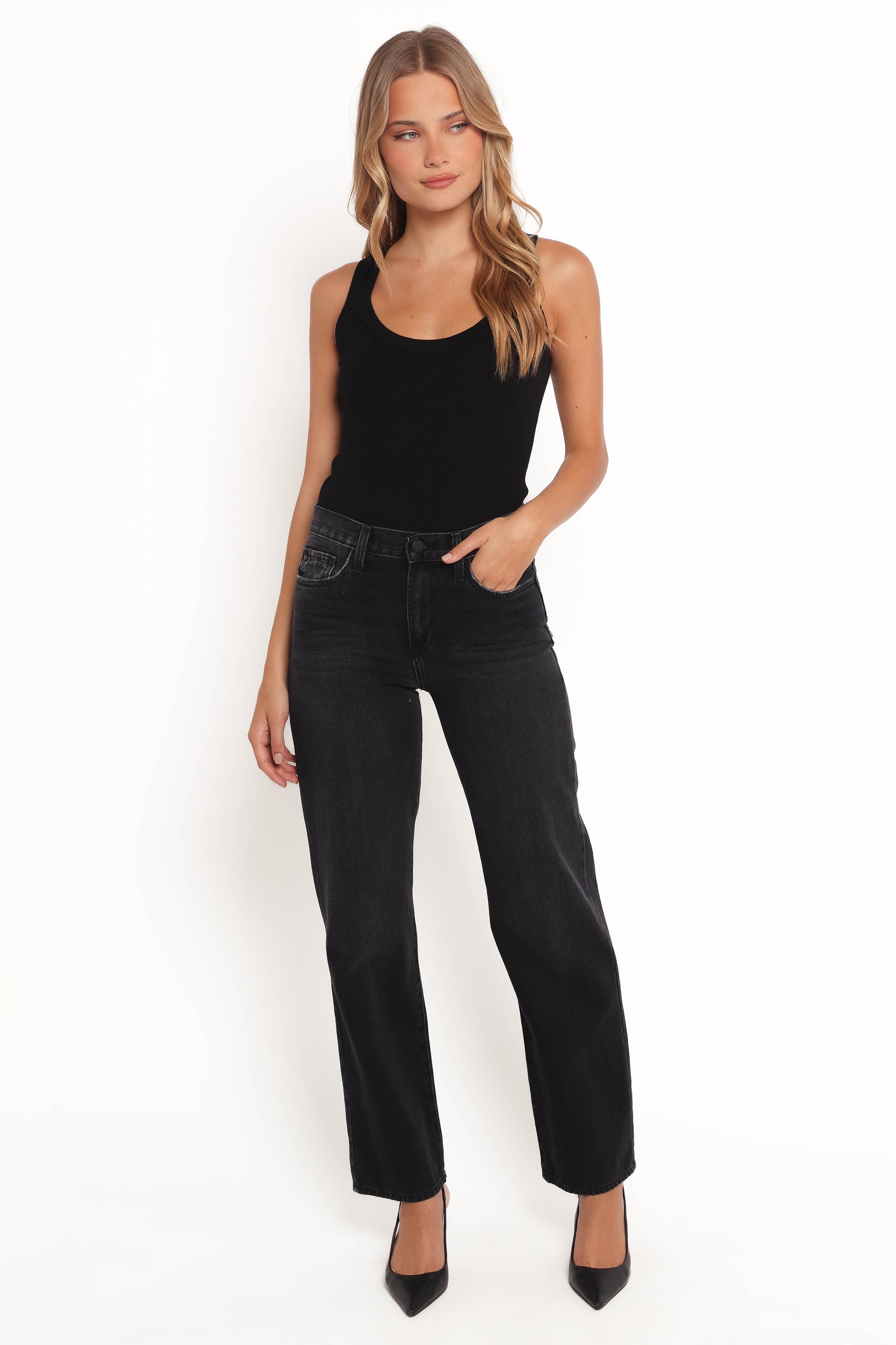 Nathan High Rise Relaxed Straight Jeans - Washed Black 100% Cotton