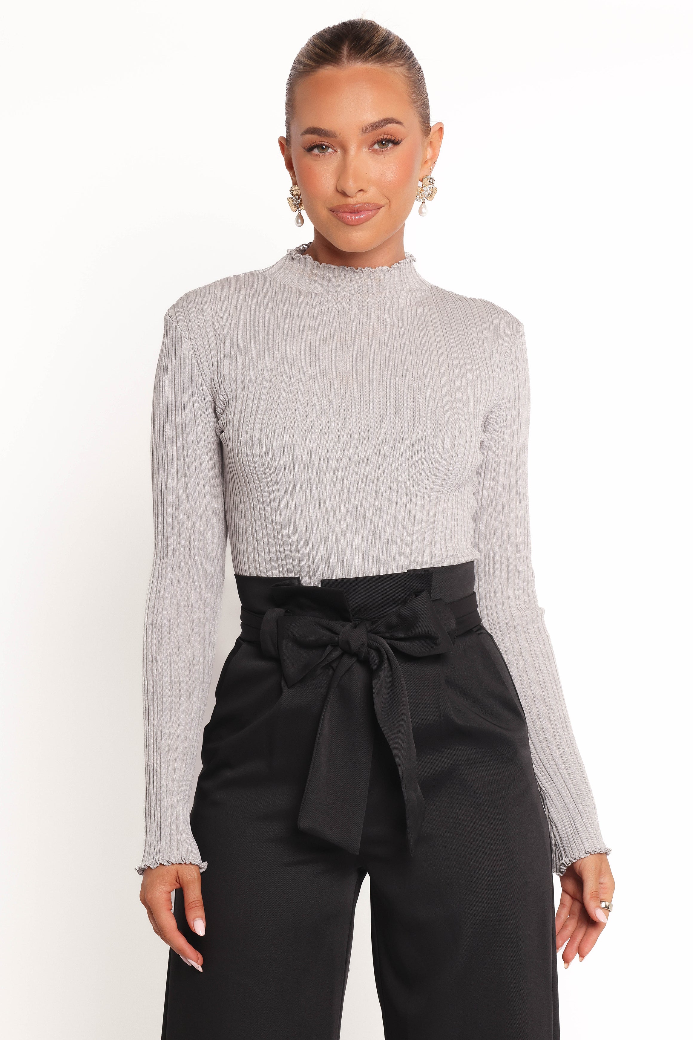 Ridley Mockneck Ribbed Knit Top - Grey Long Sleeve Frill Cuff