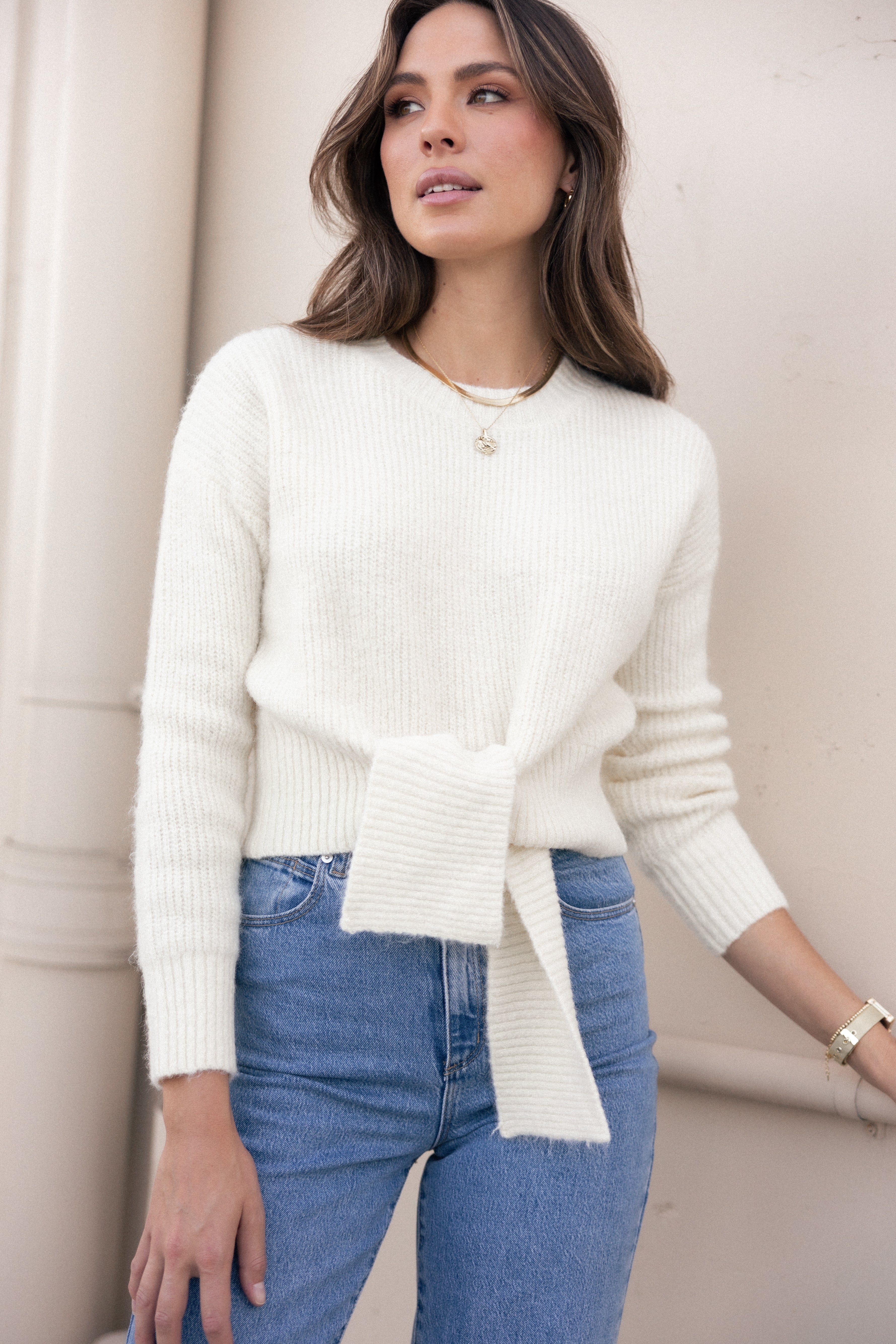 Cream Ribbed Knit Sweater with Waist Tie - Soft Rayon Blend