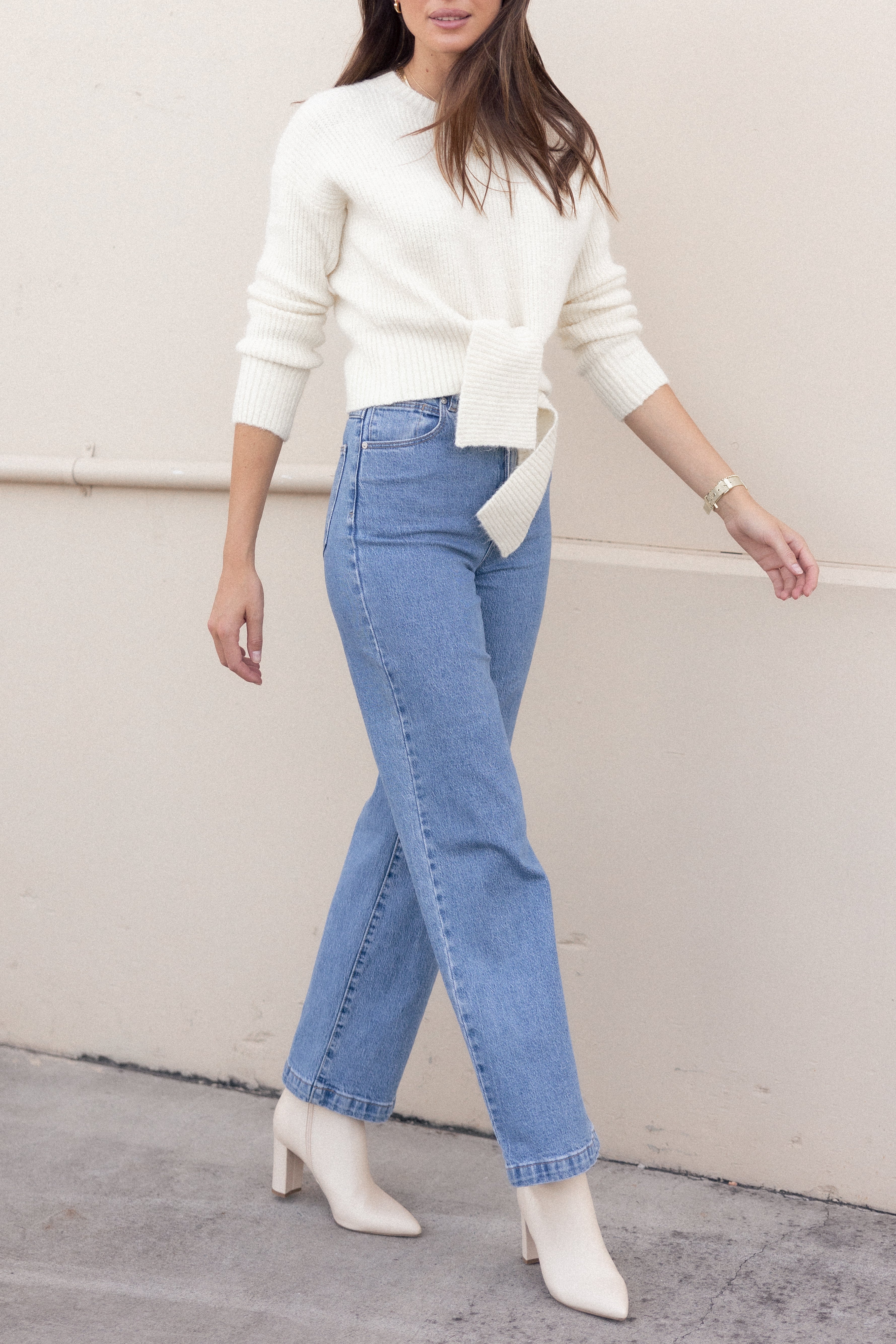 Cream Ribbed Knit Sweater with Waist Tie - Soft Rayon Blend