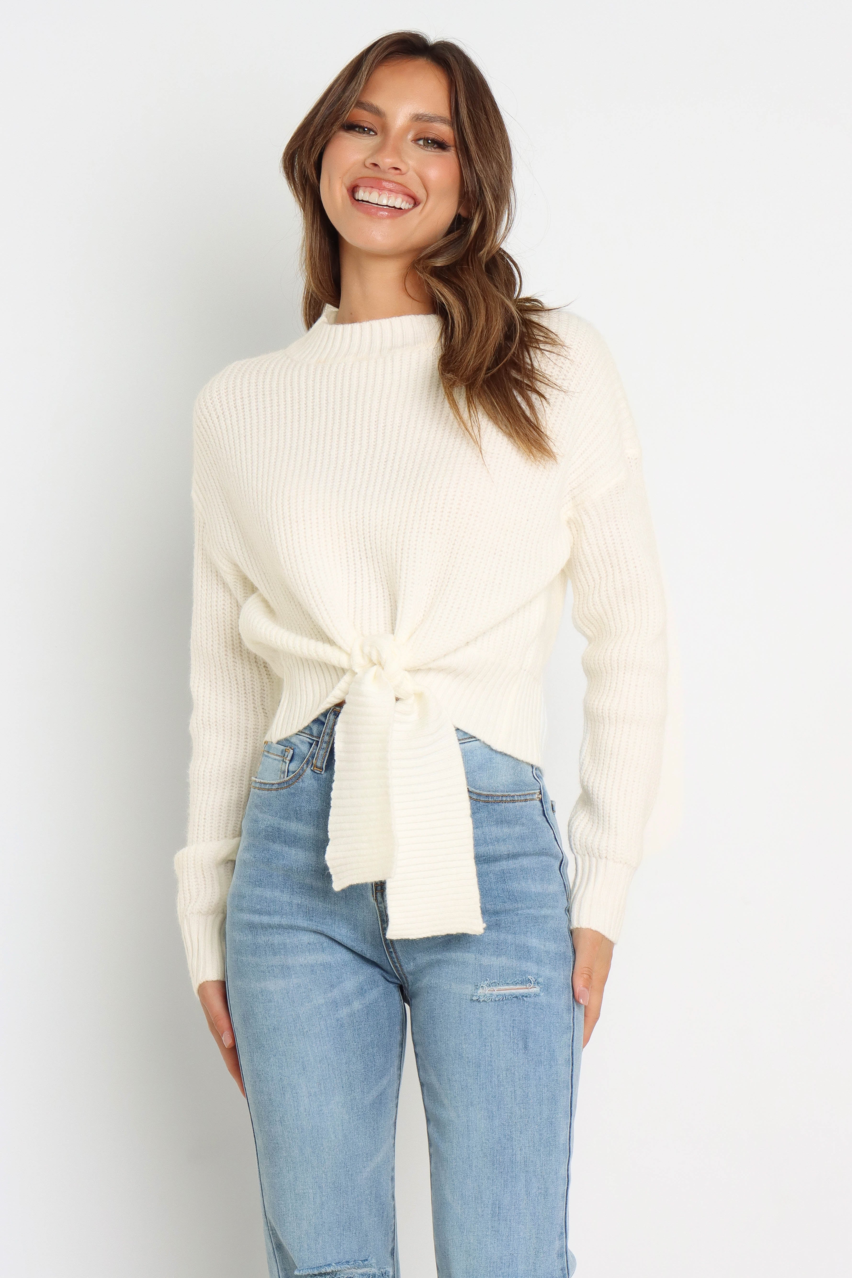 Cream Ribbed Knit Sweater with Waist Tie - Soft Rayon Blend
