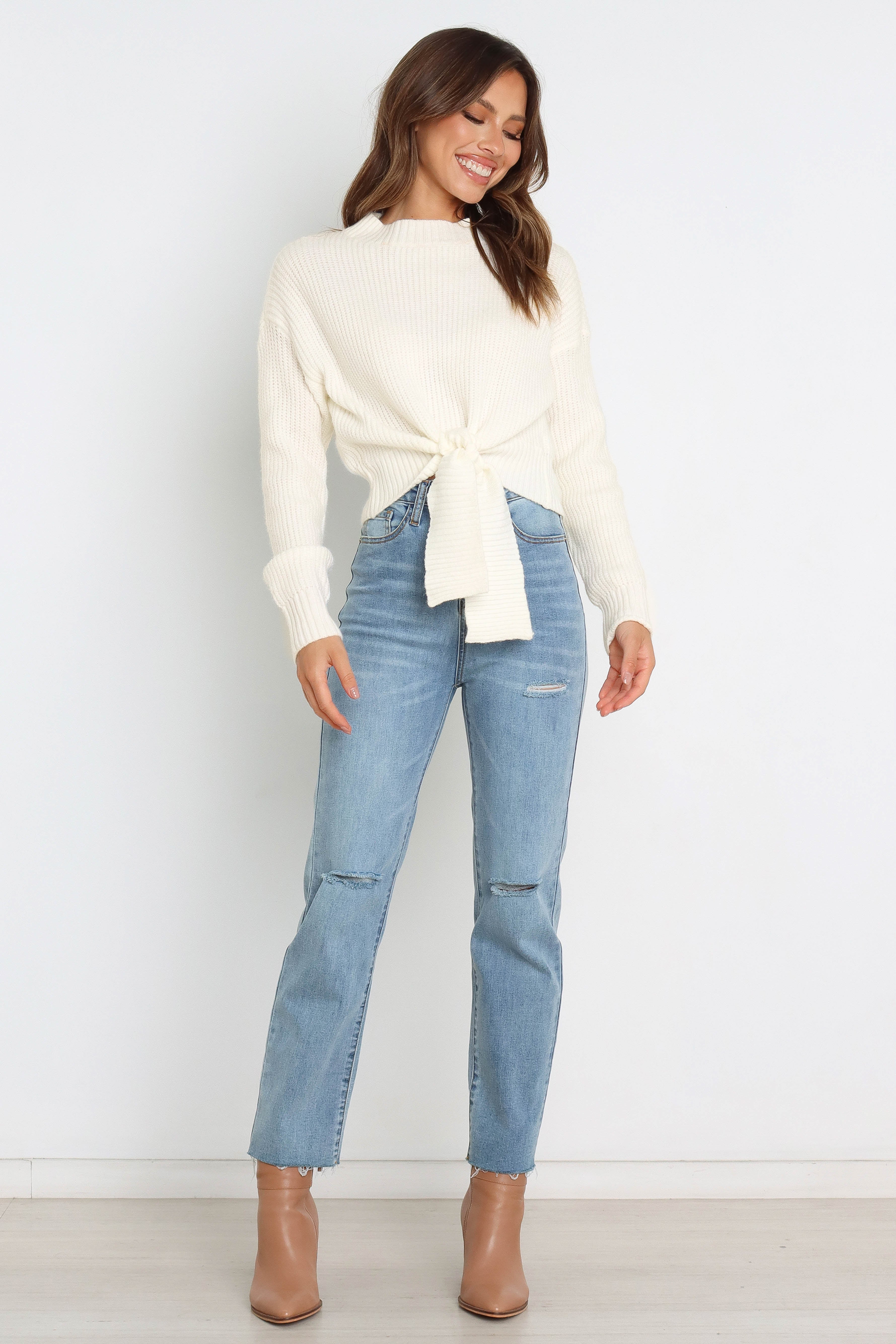 Cream Ribbed Knit Sweater with Waist Tie - Soft Rayon Blend