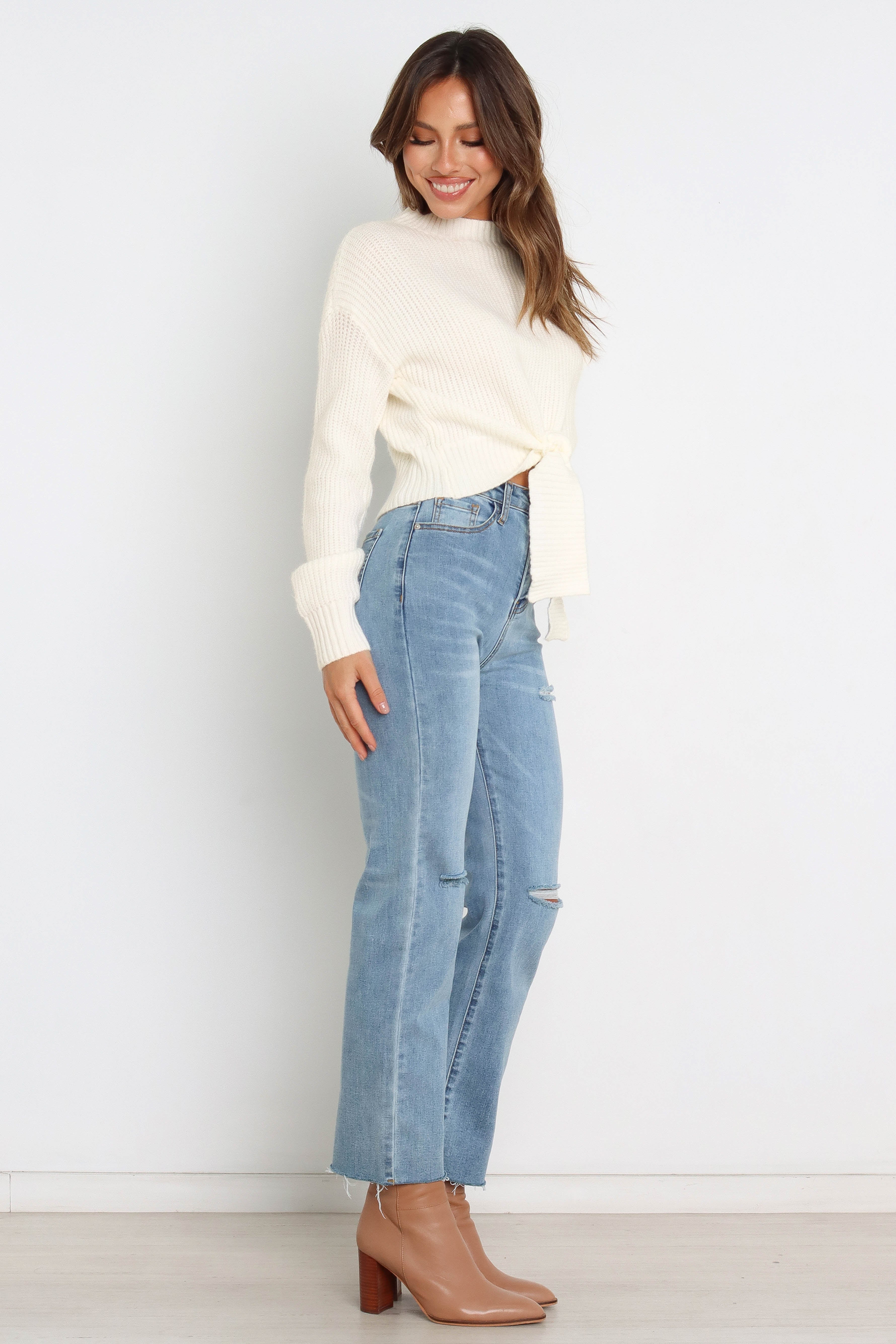 Cream Ribbed Knit Sweater with Waist Tie - Soft Rayon Blend