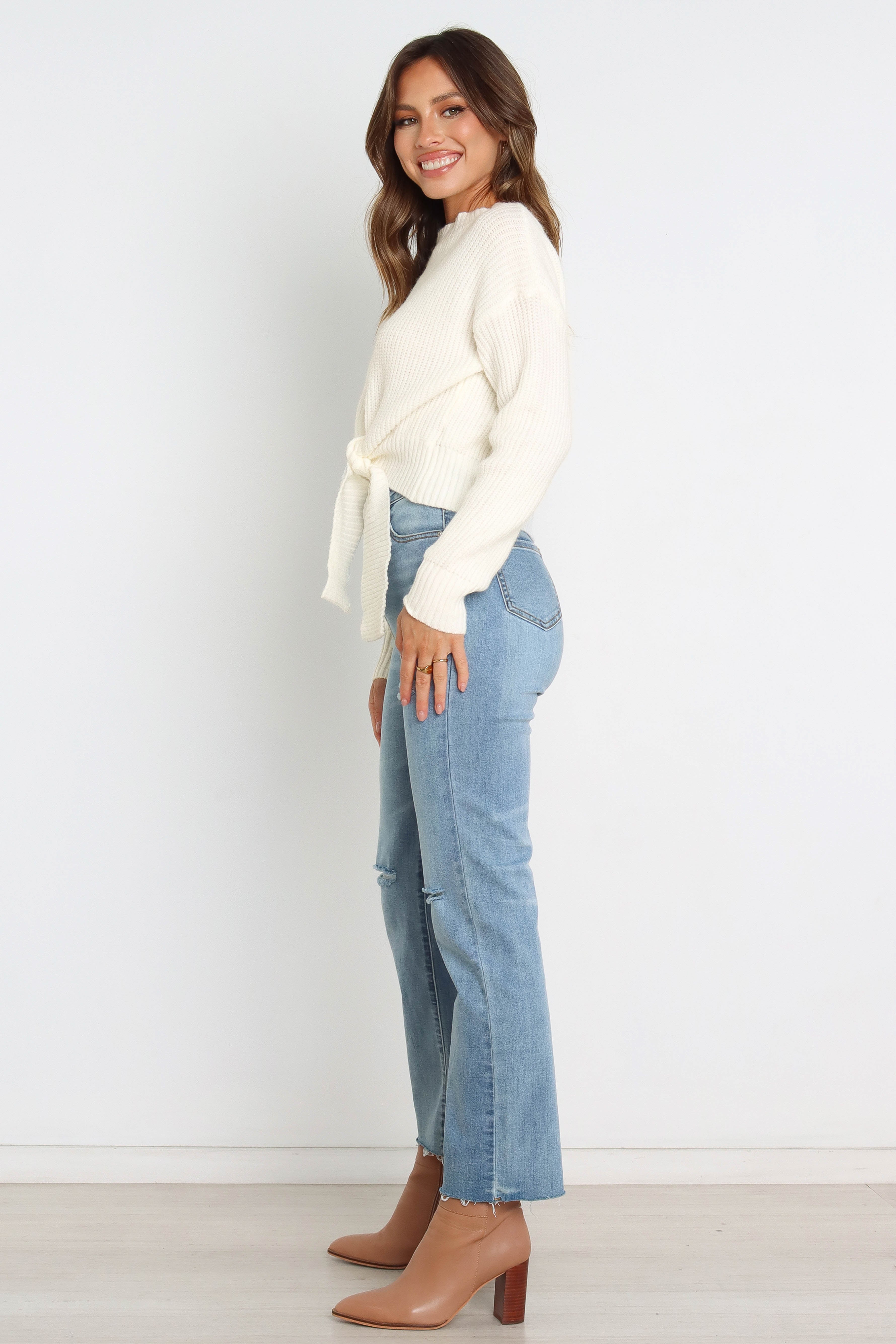 Cream Ribbed Knit Sweater with Waist Tie - Soft Rayon Blend