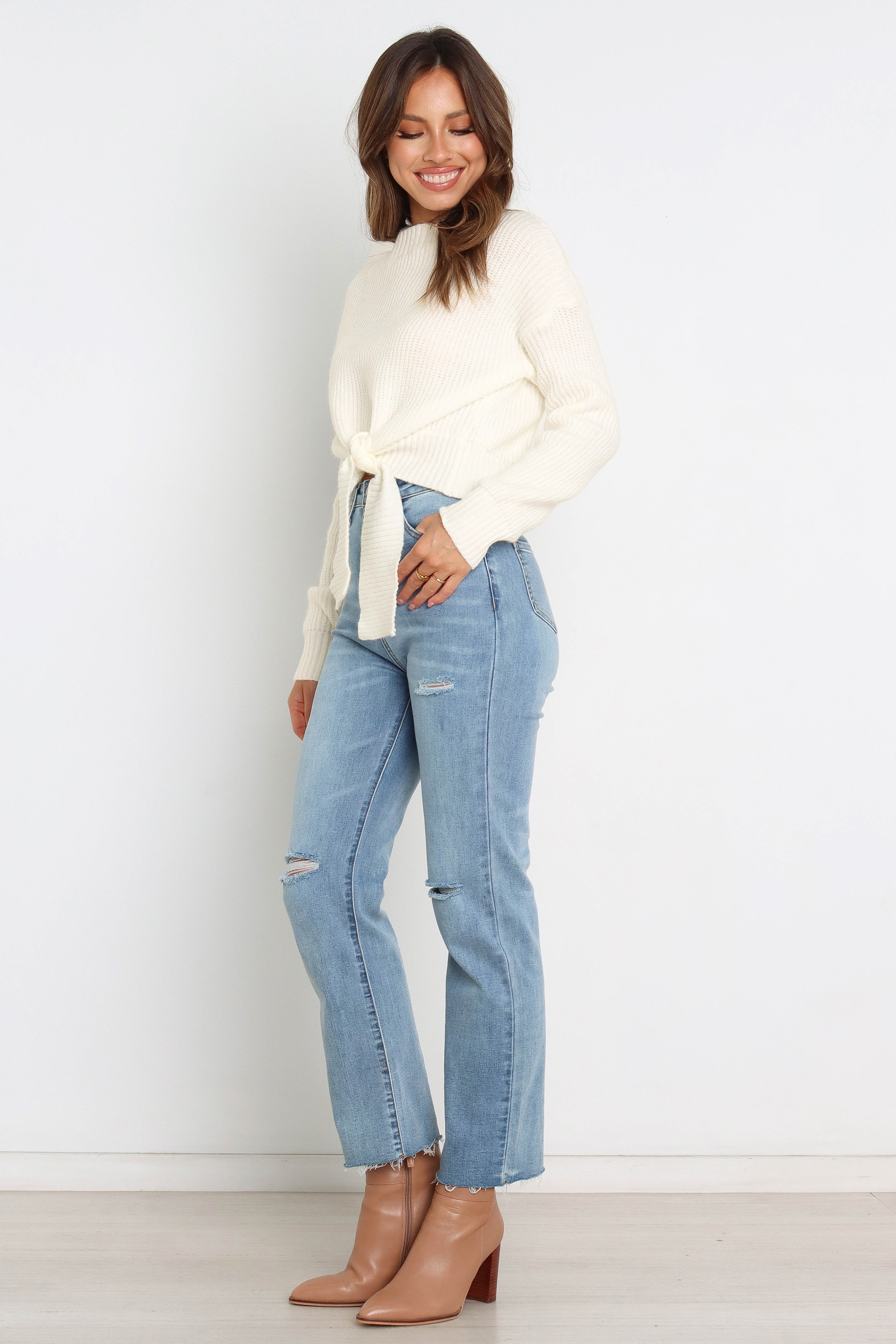 Cream Ribbed Knit Sweater with Waist Tie - Soft Rayon Blend