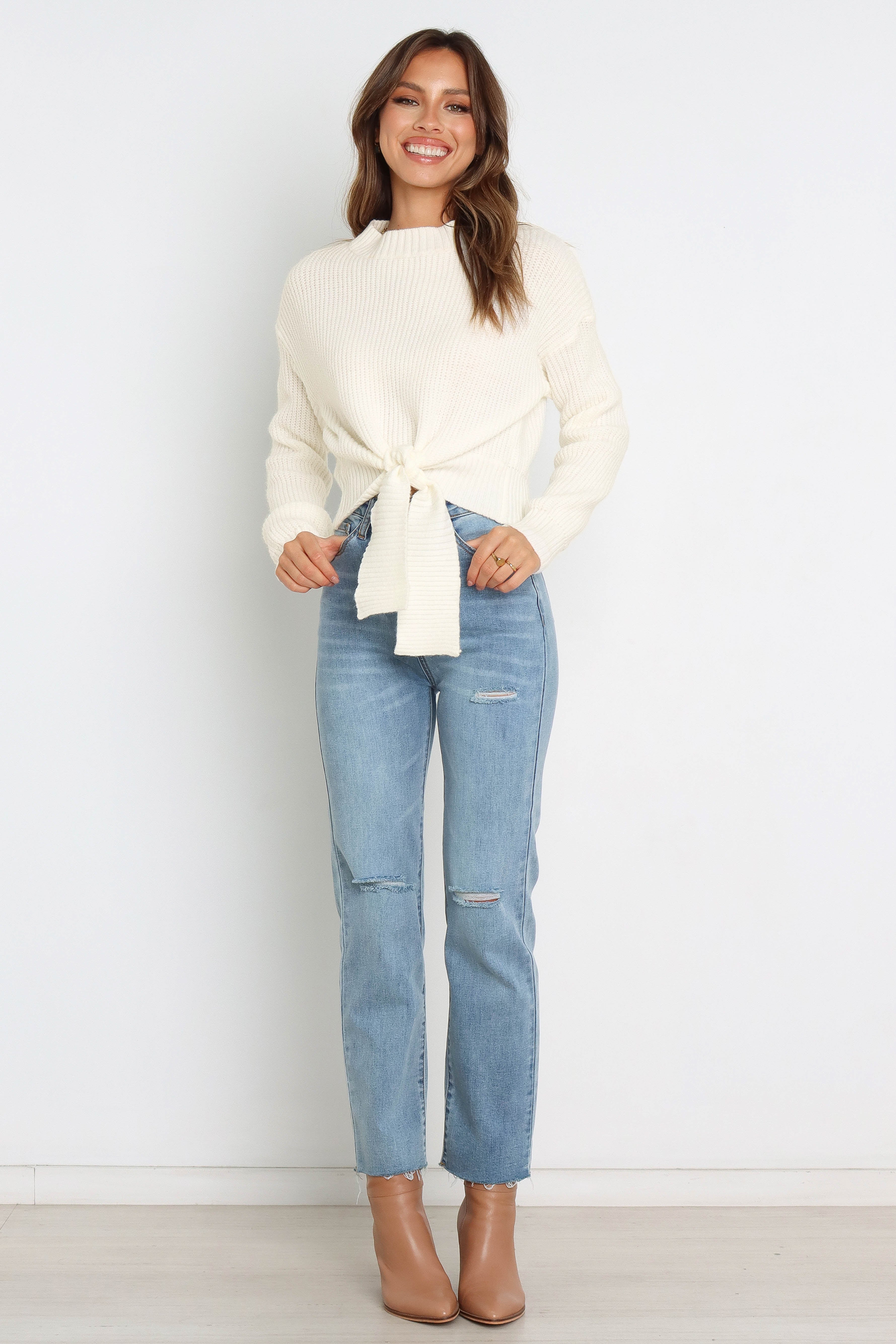 Cream Ribbed Knit Sweater with Waist Tie - Soft Rayon Blend