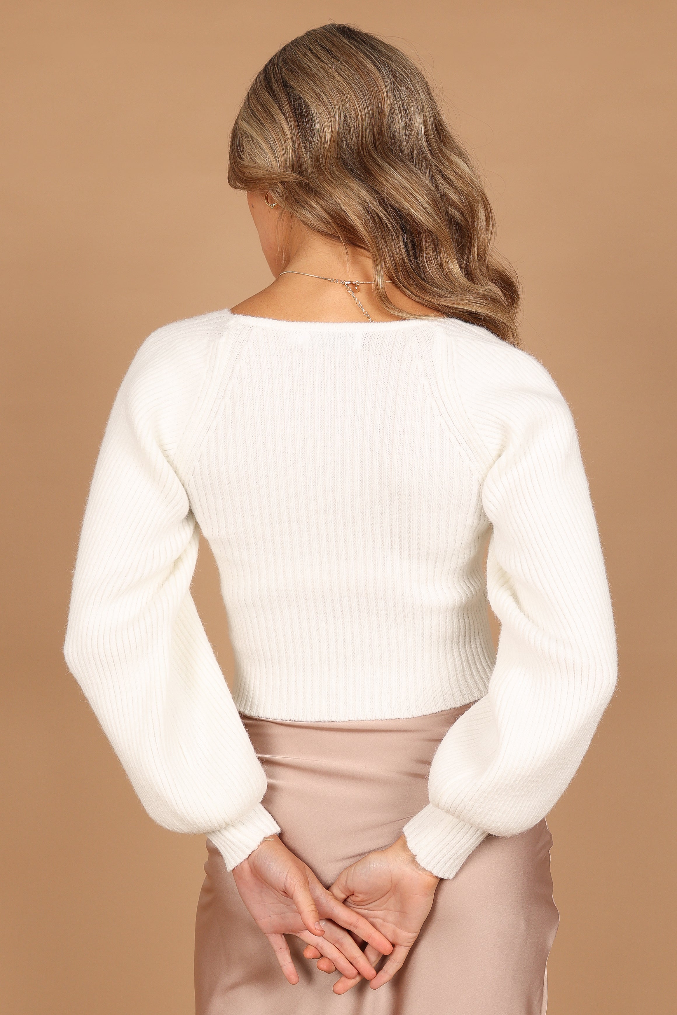 Women's White Sweetheart Neck Bell Sleeve Knit Sweater