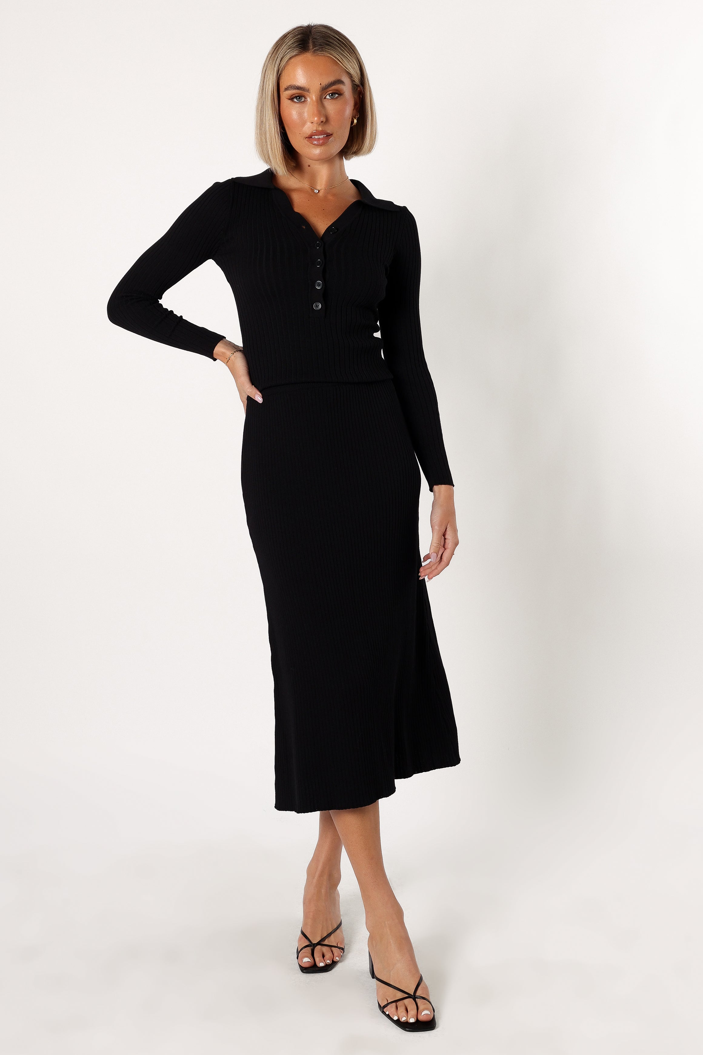 Black Knitted Top & Skirt Set - Cameron Women's Outfit with V-Neck & Elastic Waistband