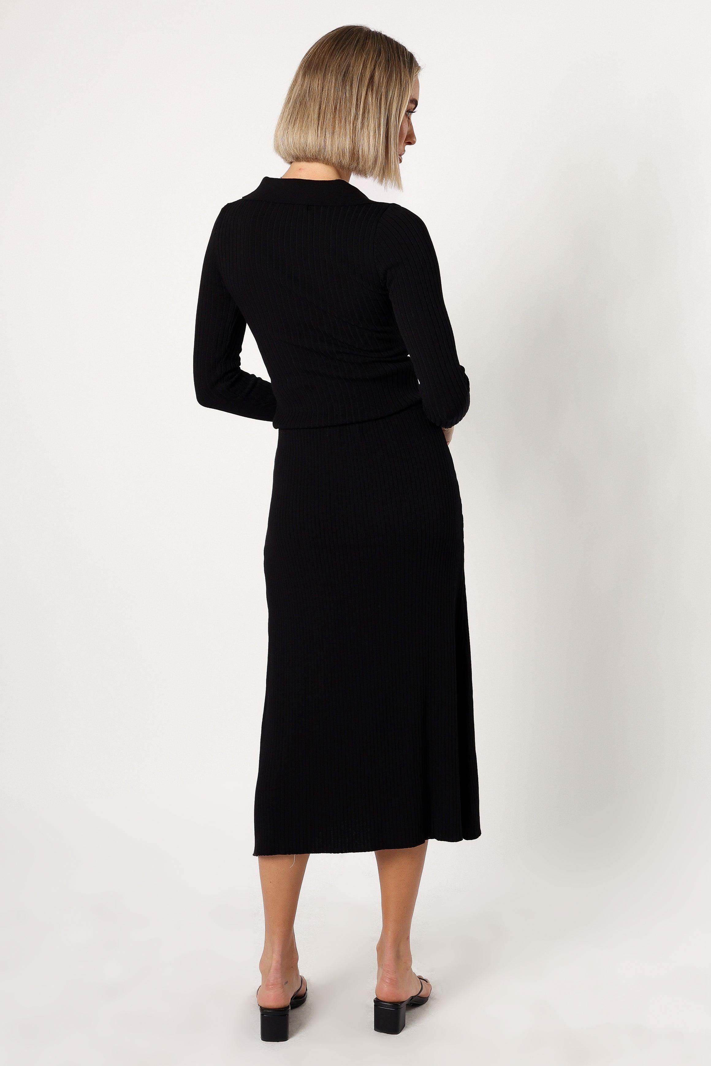Black Knitted Top & Skirt Set - Cameron Women's Outfit with V-Neck & Elastic Waistband