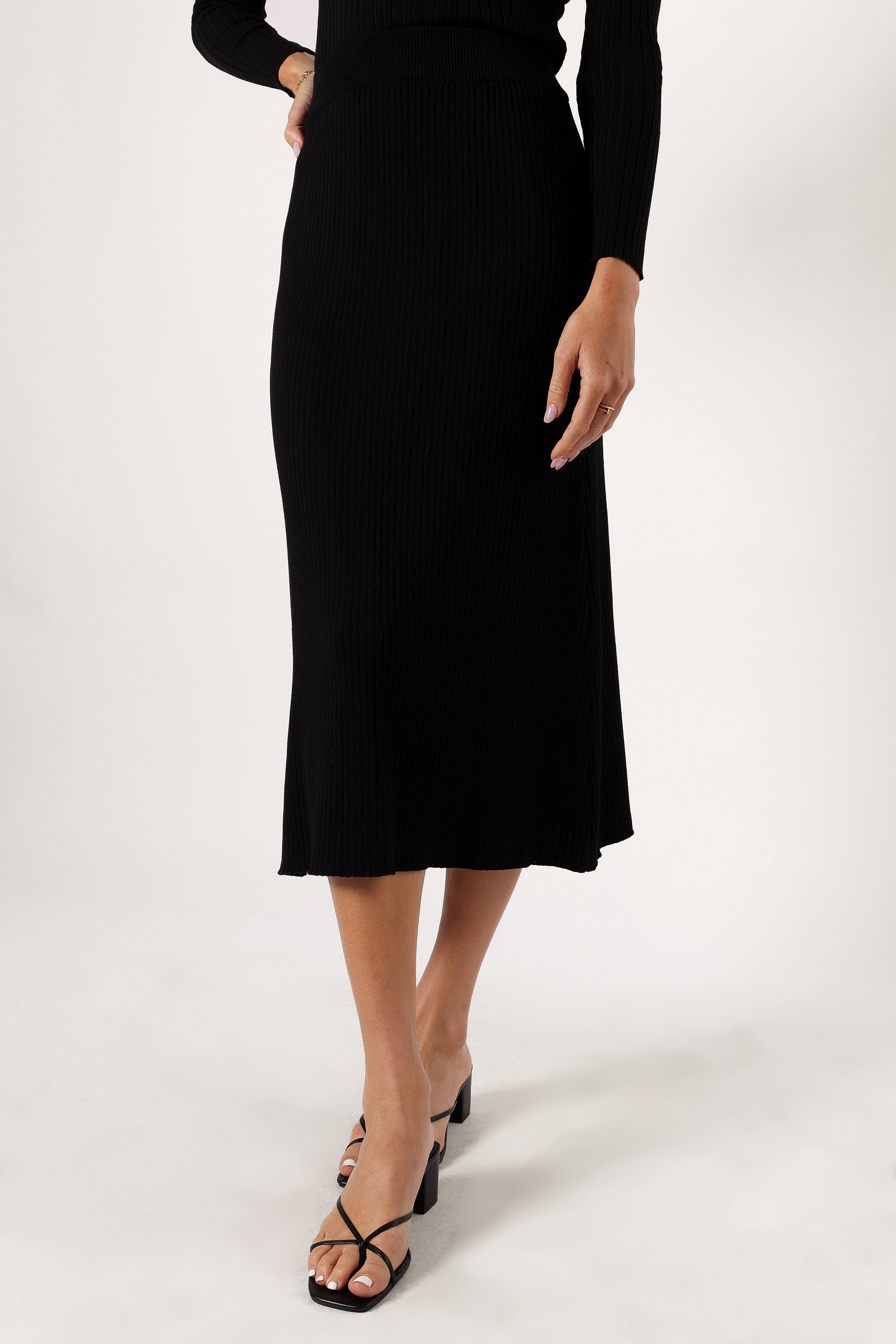 Black Knitted Top & Skirt Set - Cameron Women's Outfit with V-Neck & Elastic Waistband