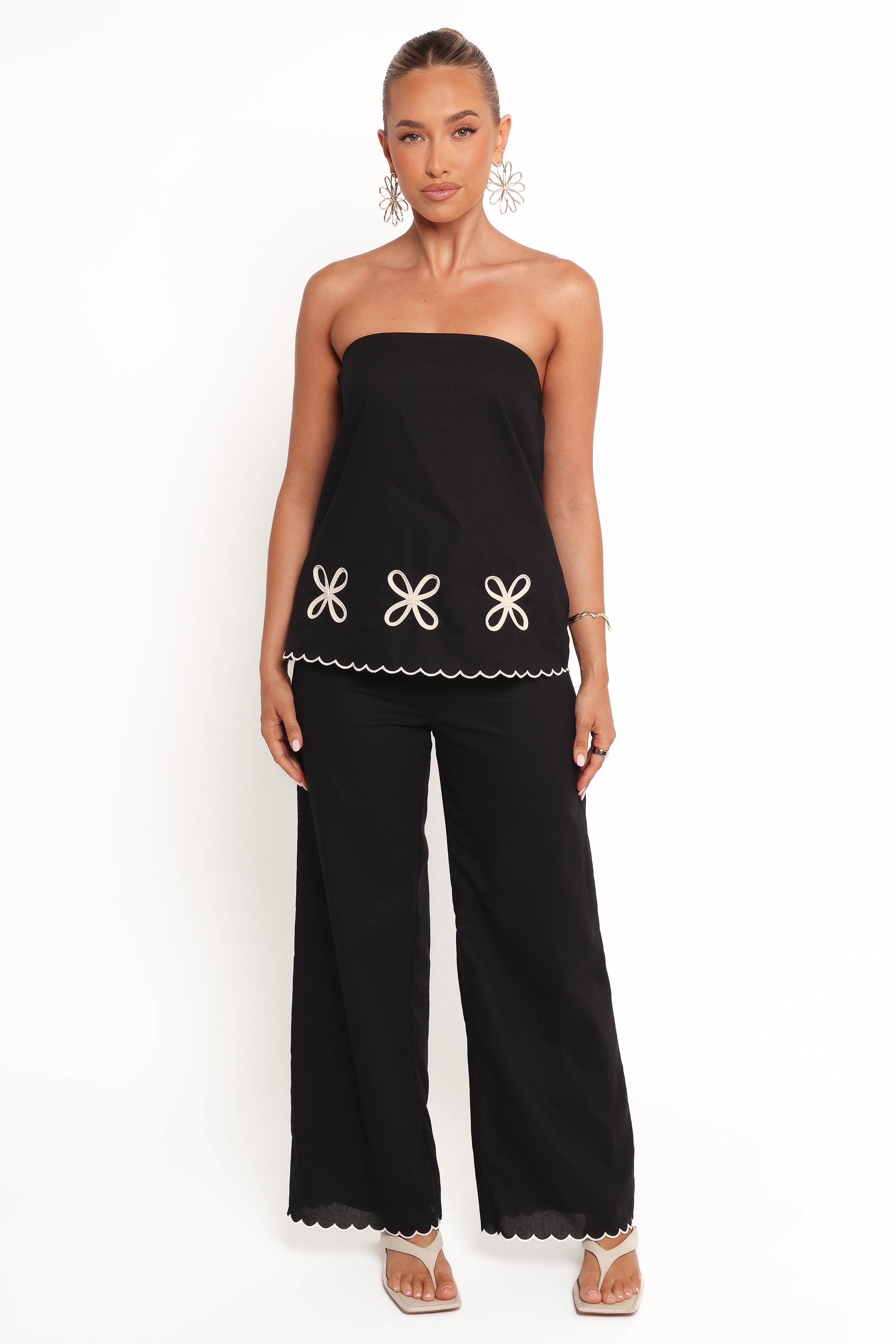Semika High Waisted Black Pants with Scallop Hem & Contrast Trim