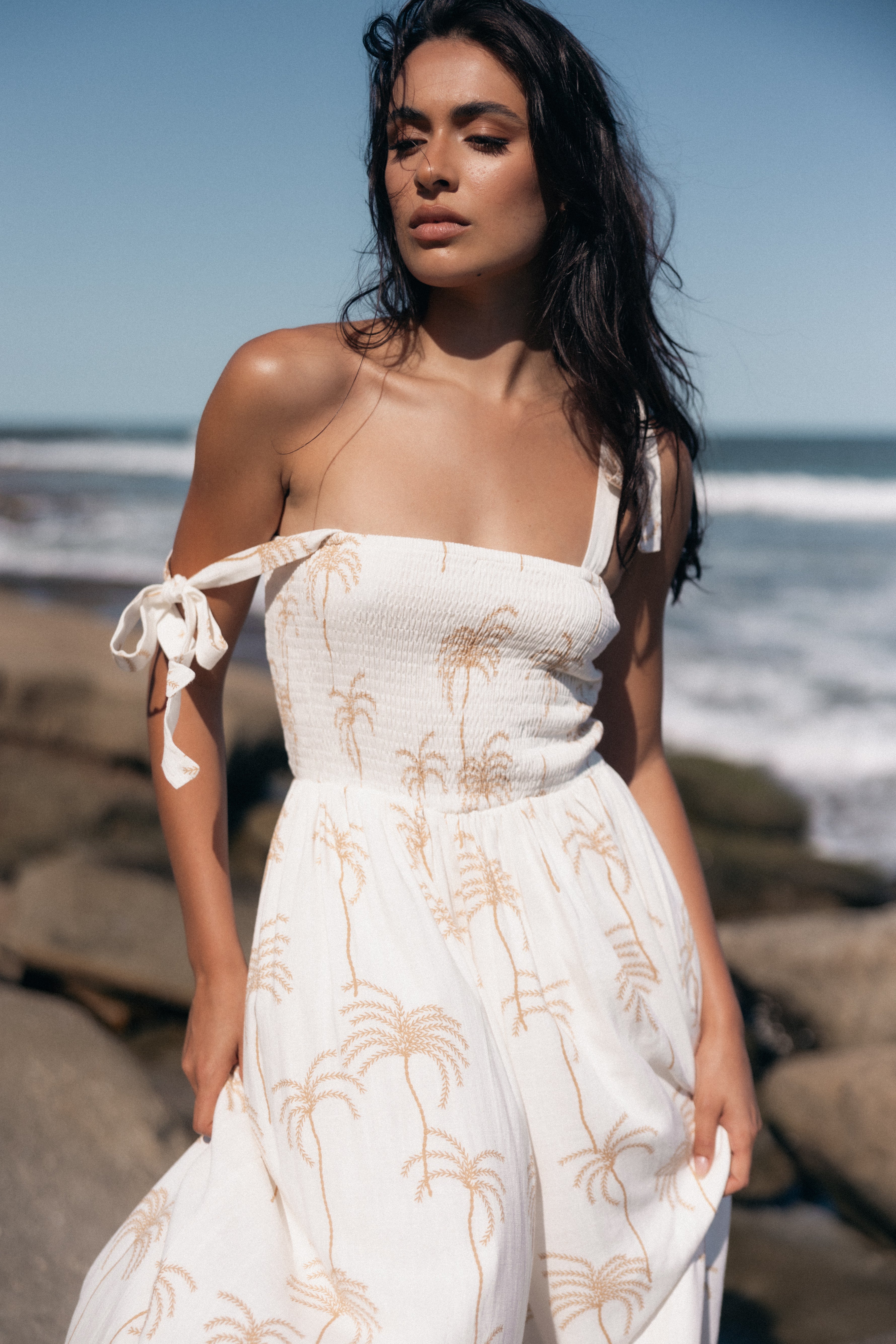 White Print Ginelle Jumpsuit - Maxi Length with Adjustable Straps