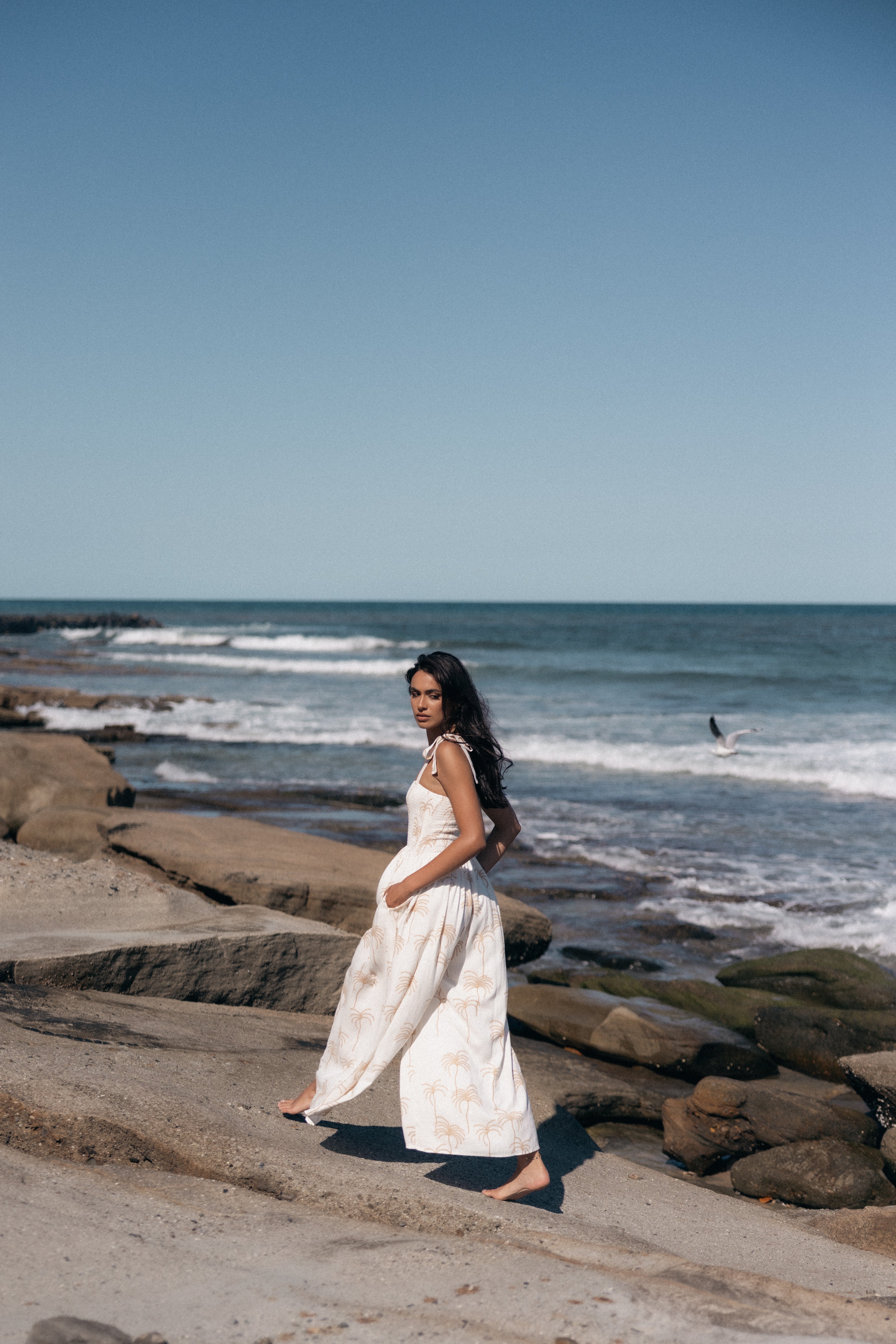 White Print Ginelle Jumpsuit - Maxi Length with Adjustable Straps