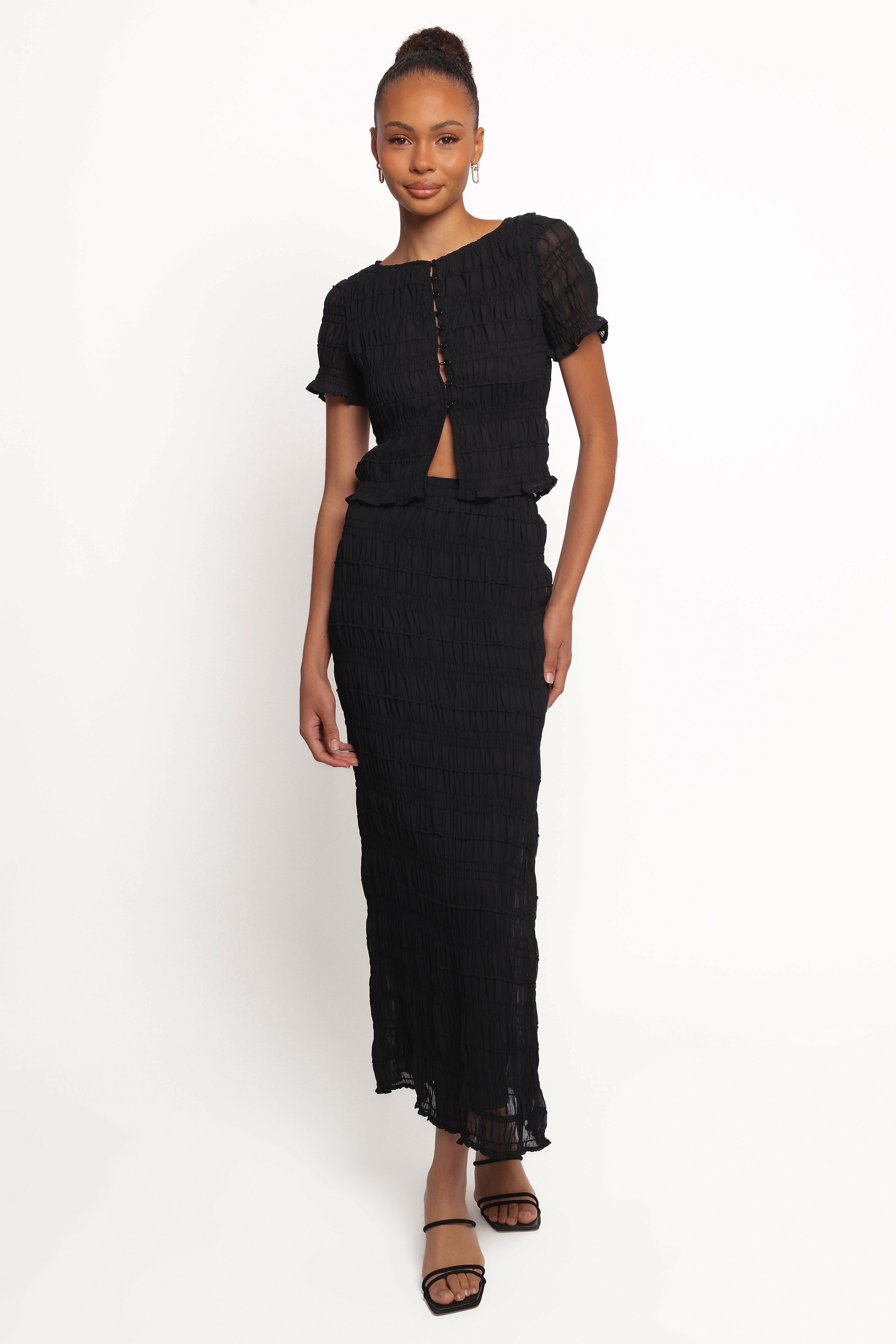 Valana Midi Skirt - Black Flowy Polyester with Elastic Waist