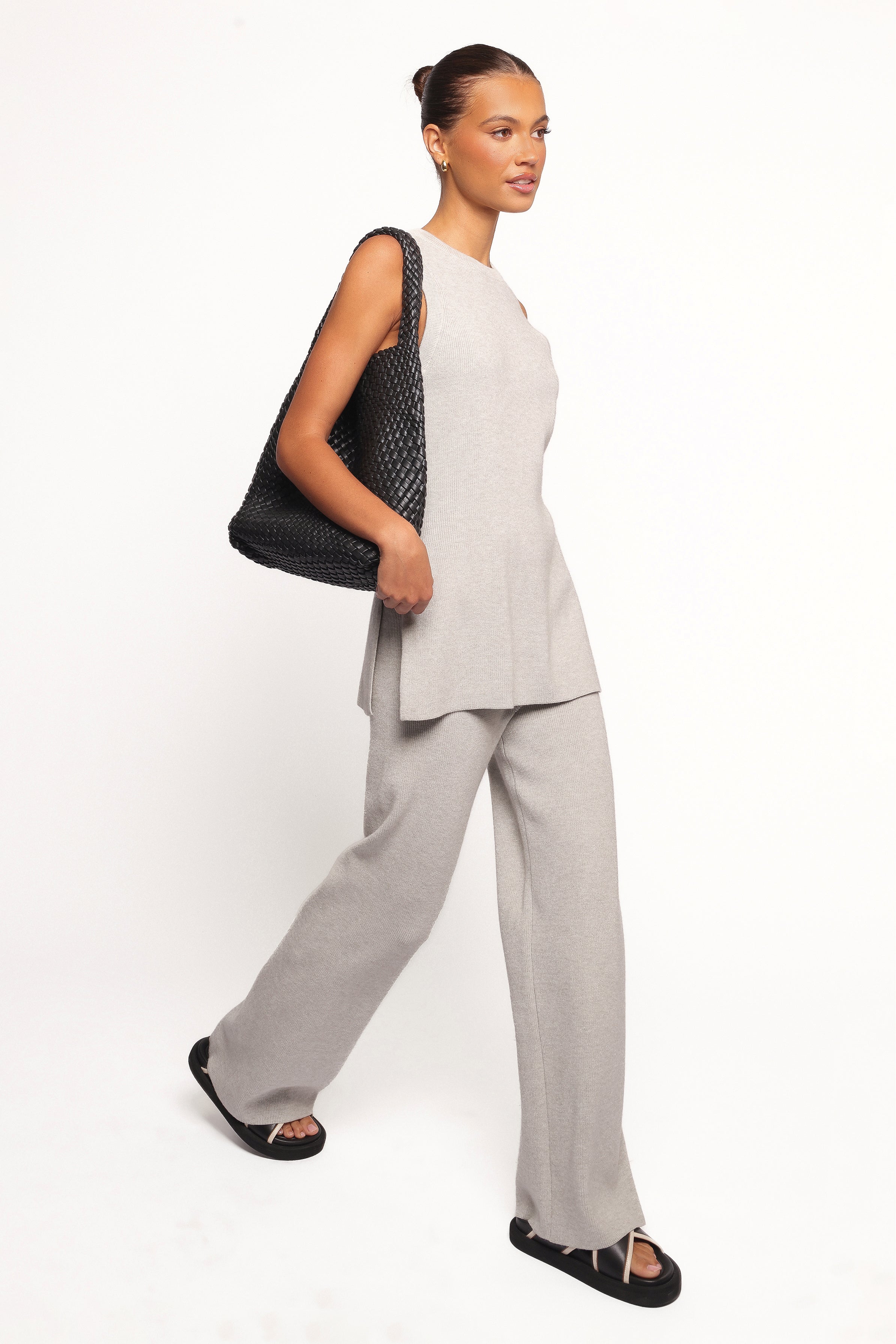 Ellory Ribbed Knit Lounge Set - Light Grey Wide Leg Pants & Top