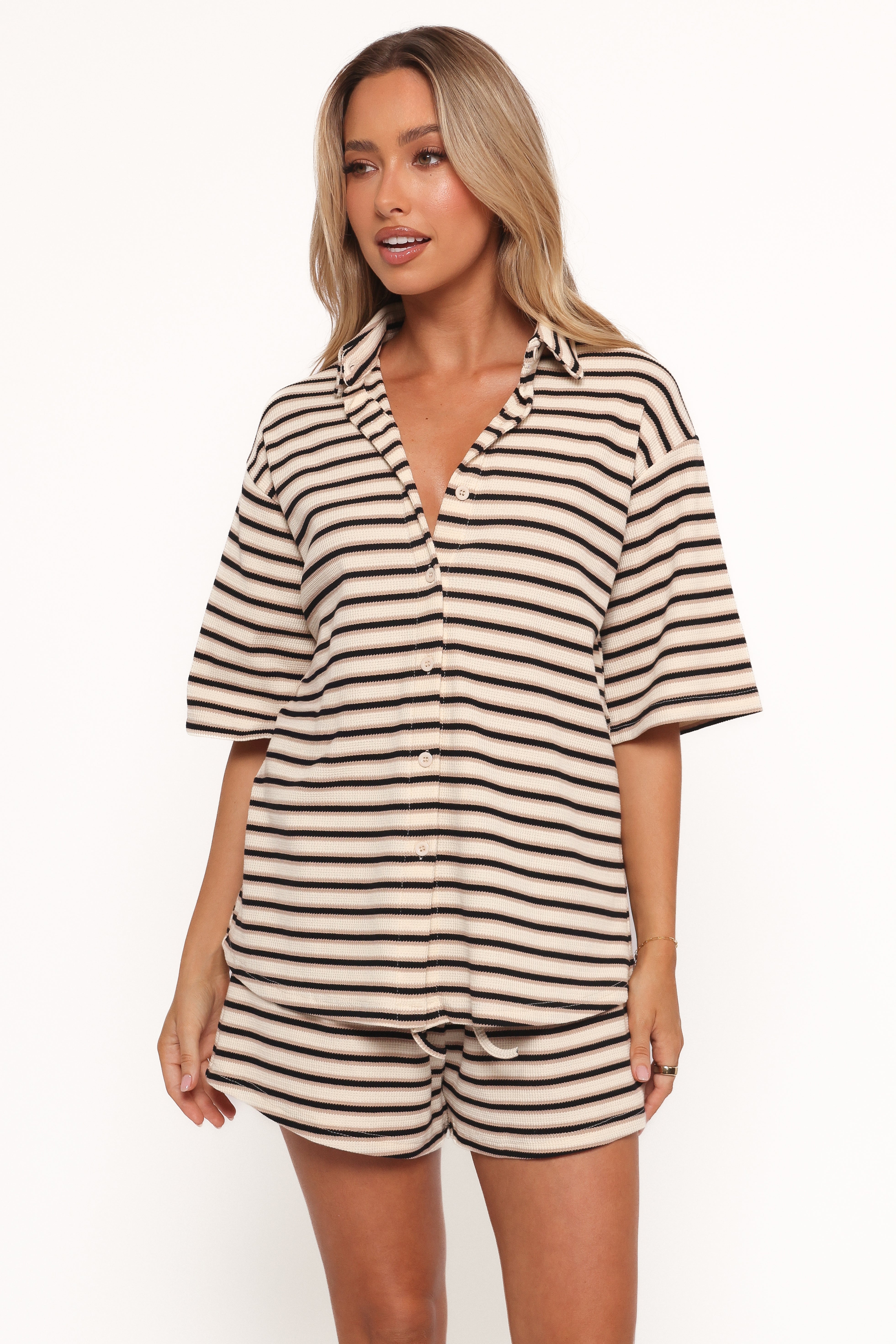 Alden Cotton Knit Top & Shorts Set - Beige Black Stripe