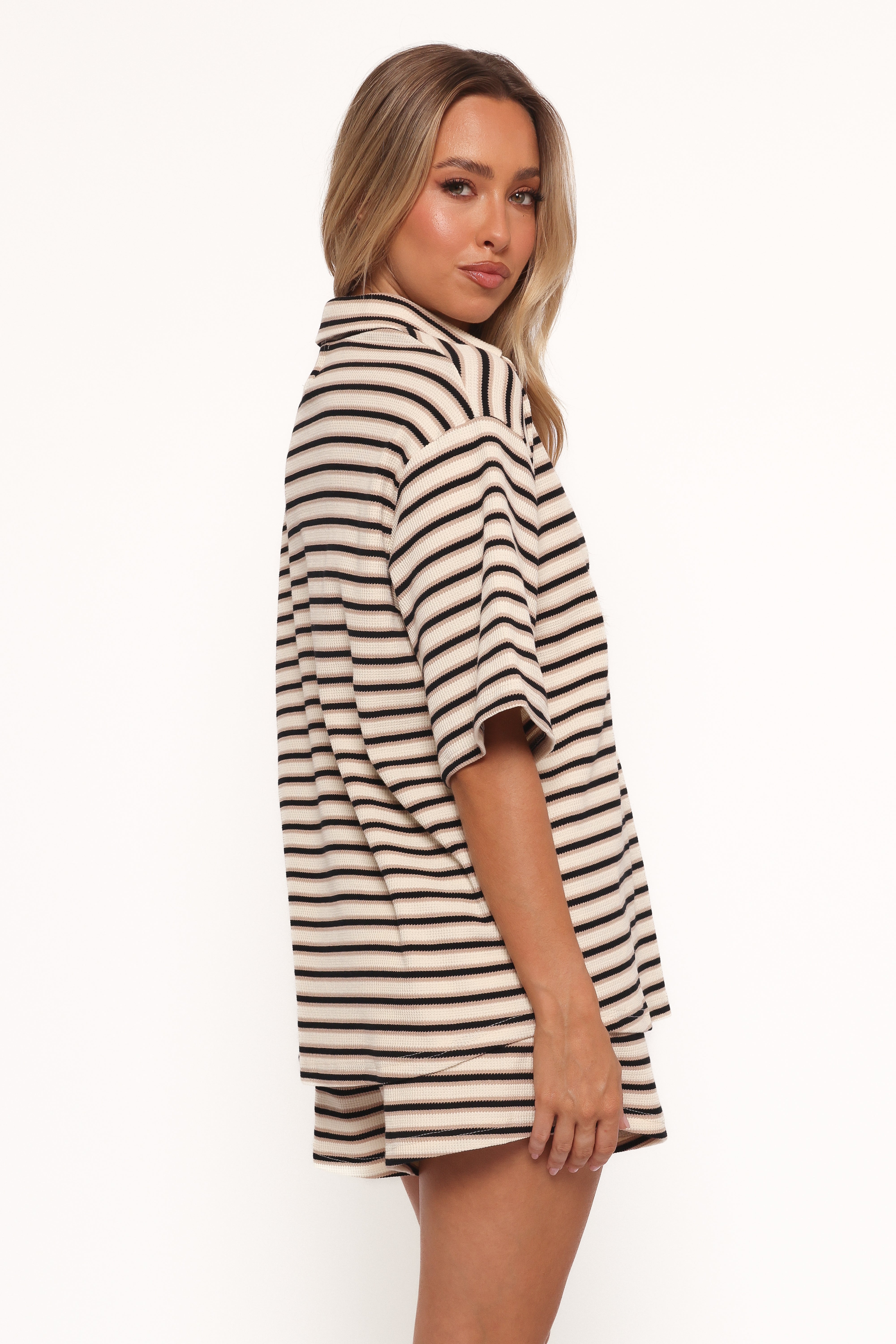 Alden Cotton Knit Top & Shorts Set - Beige Black Stripe