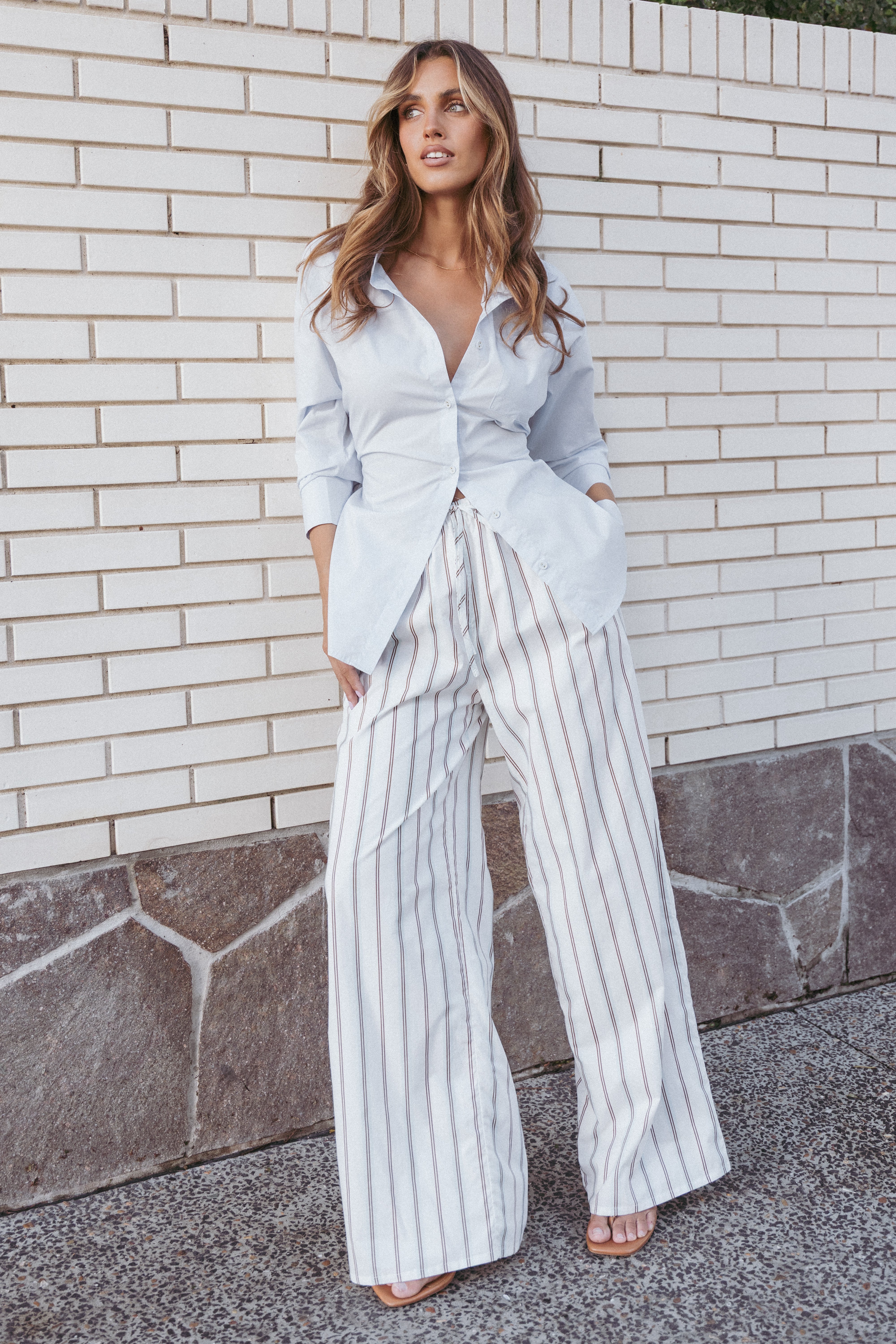 Women's High Waisted Cotton Linen Pants - Blue Brown Stripe