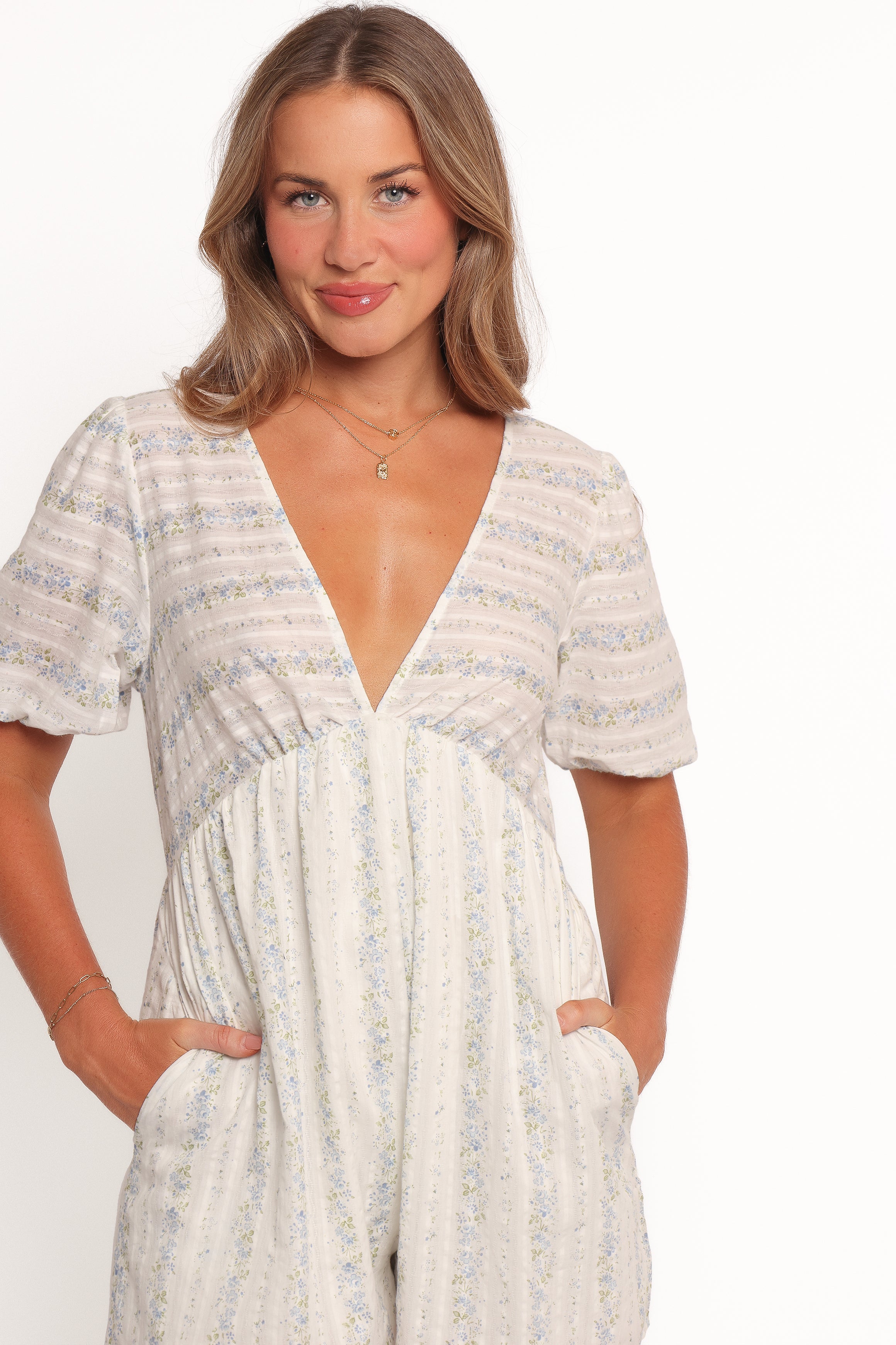 White Floral Print V-Neck Romper with Pockets – Aisley