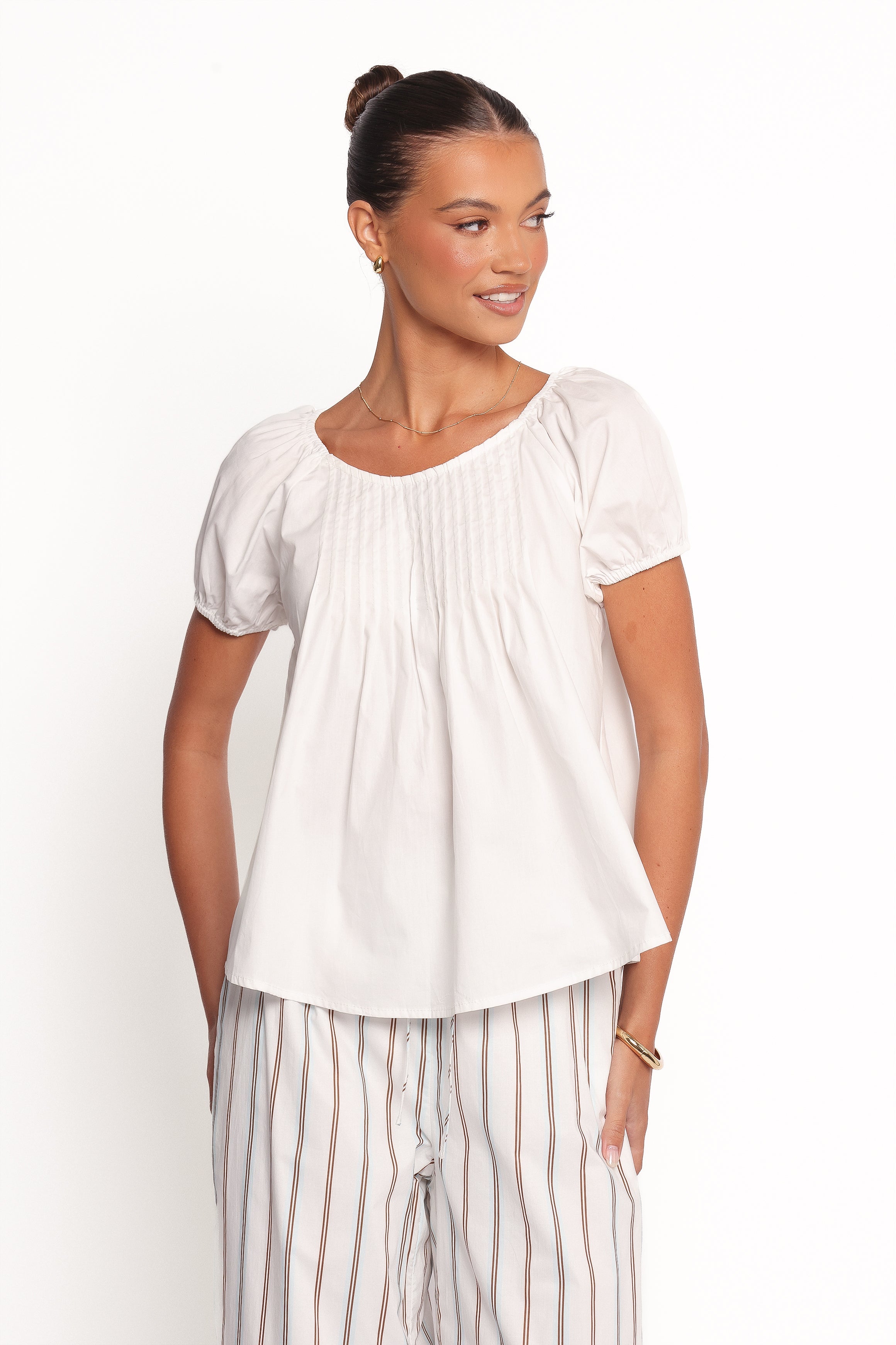 Abbott White Cotton Pleated Blouse with Balloon Sleeves