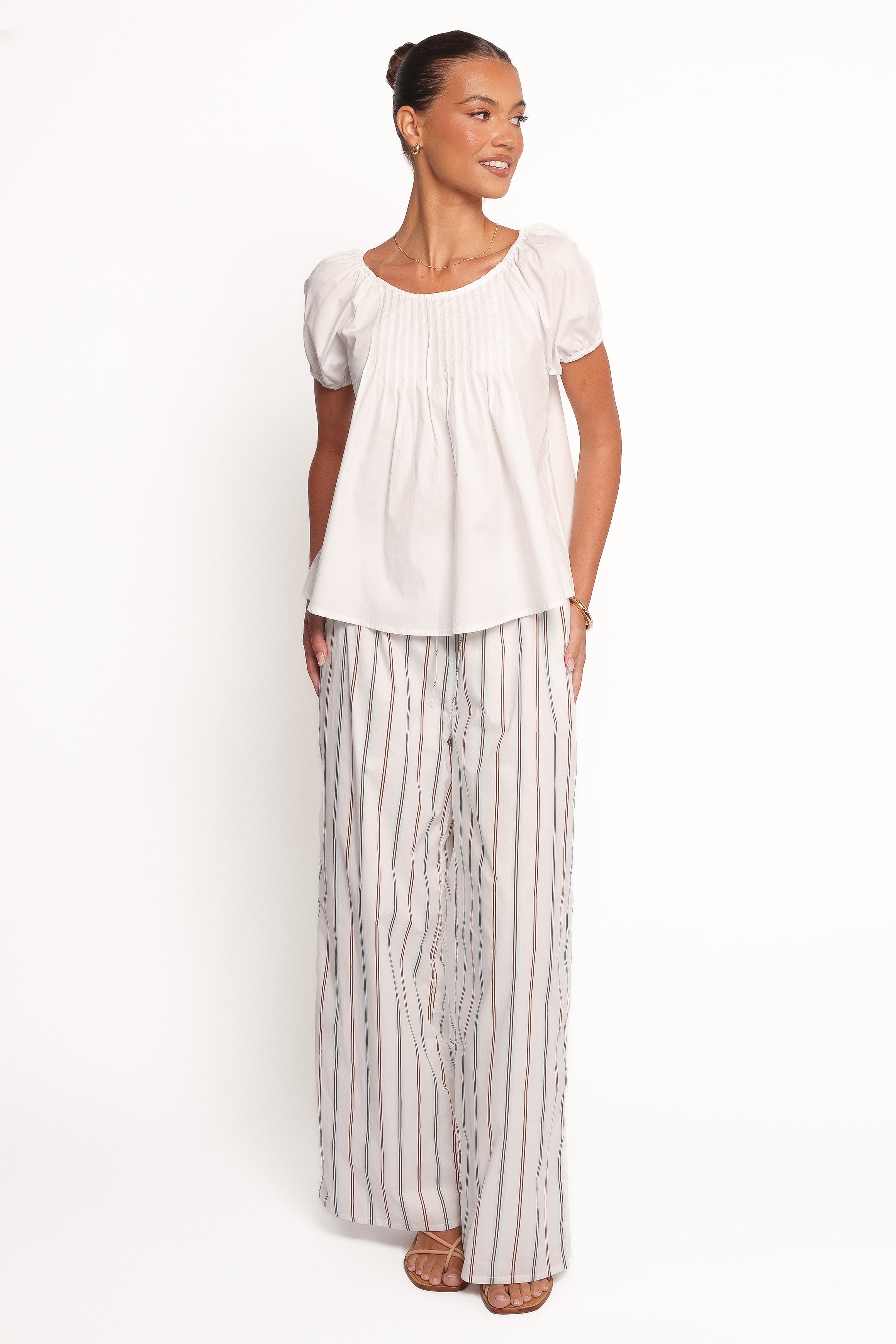 Abbott White Cotton Pleated Blouse with Balloon Sleeves