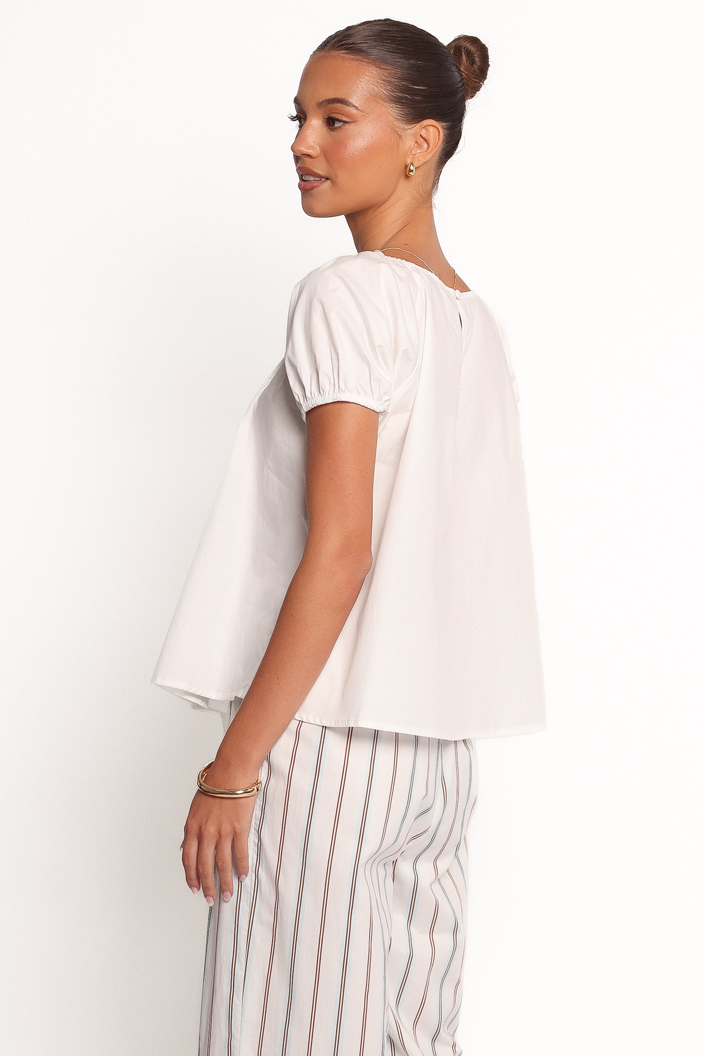 Abbott White Cotton Pleated Blouse with Balloon Sleeves