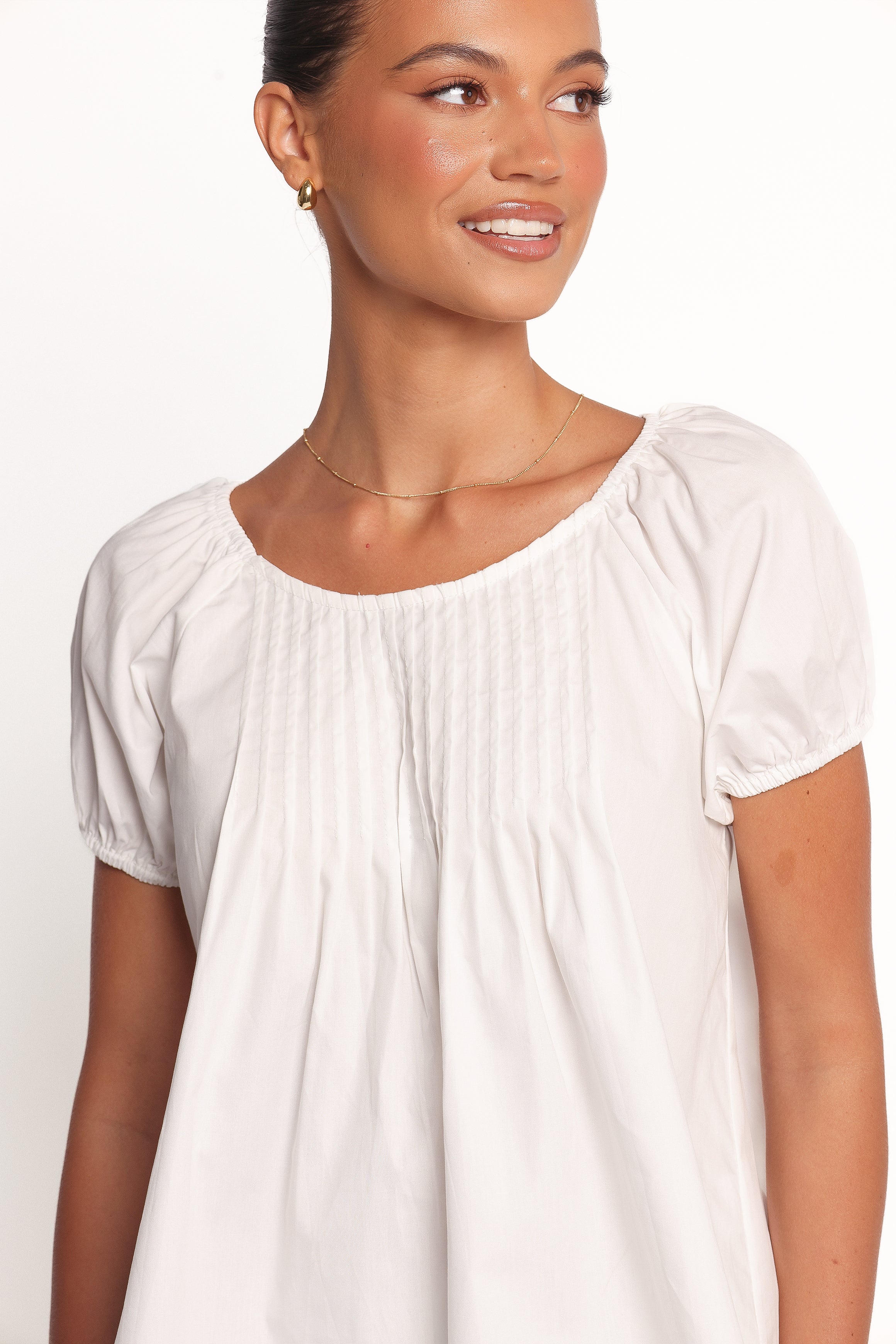 Abbott White Cotton Pleated Blouse with Balloon Sleeves
