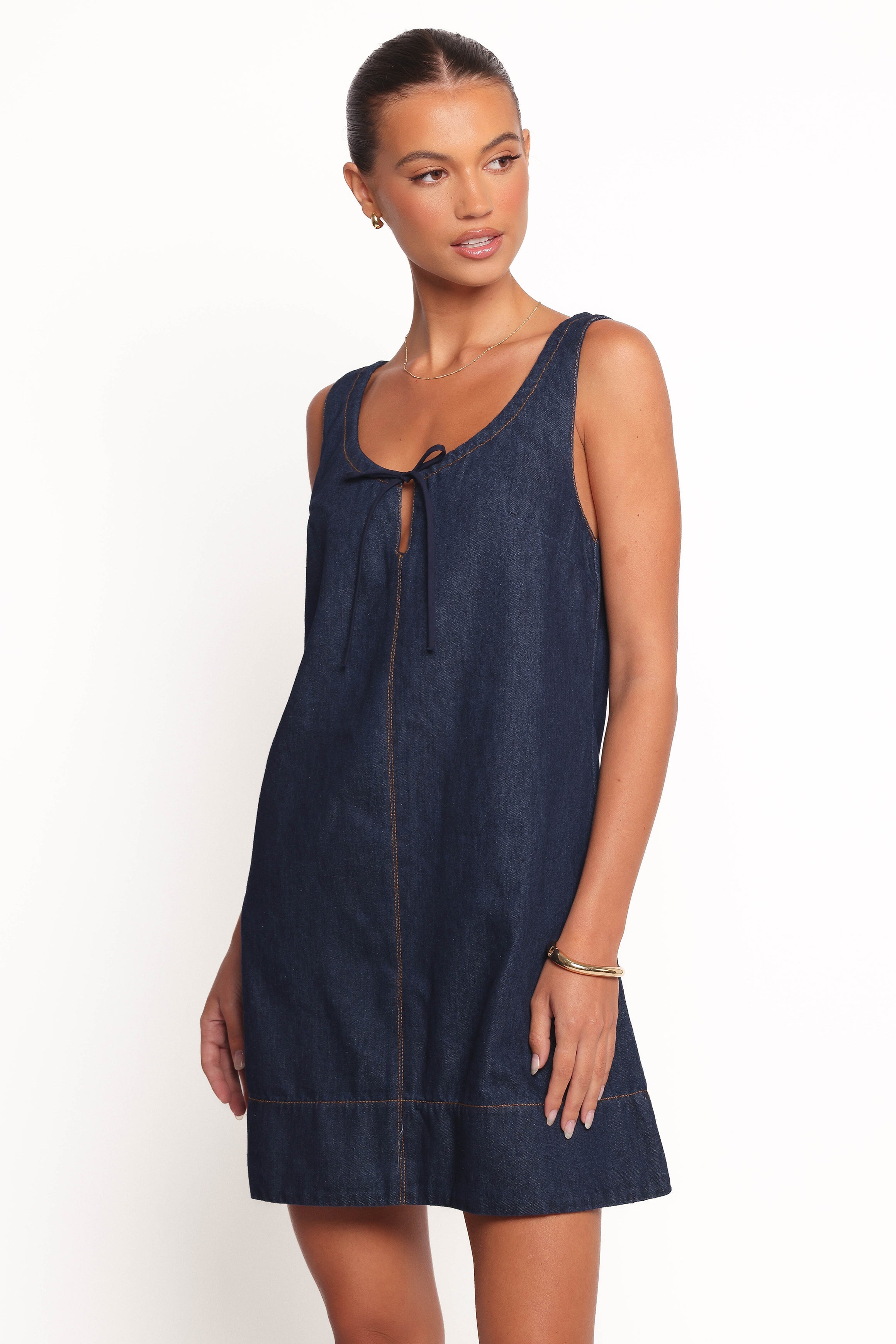 Azen Denim Mini Dress with Adjustable Neck Tie & Pockets