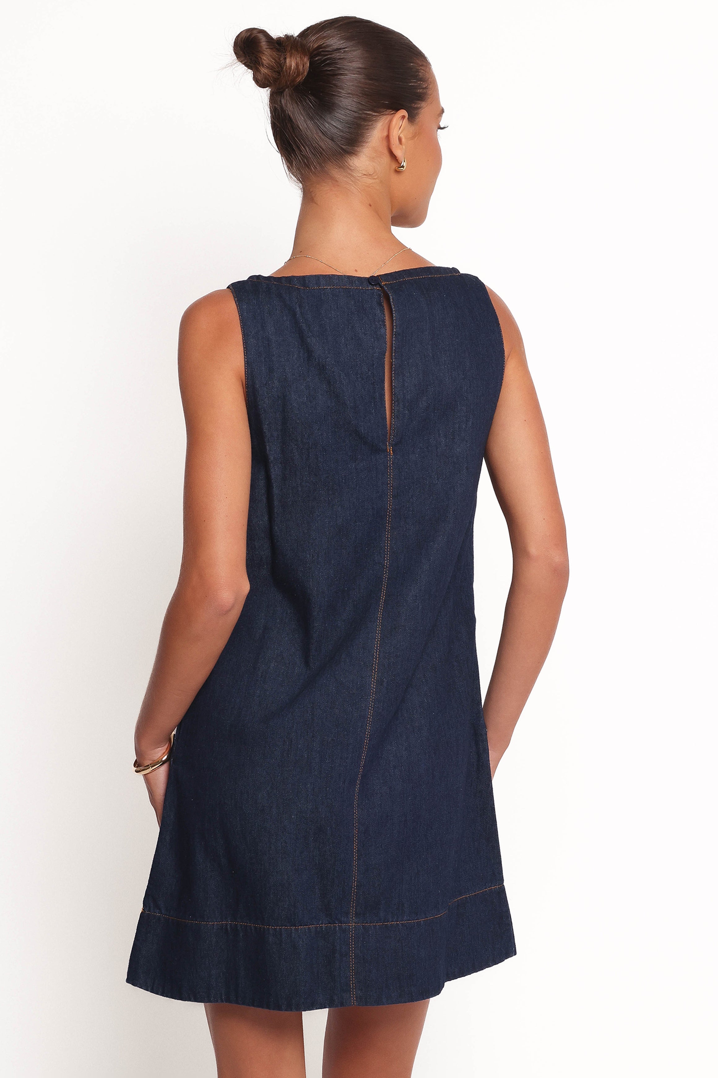 Azen Denim Mini Dress with Adjustable Neck Tie & Pockets