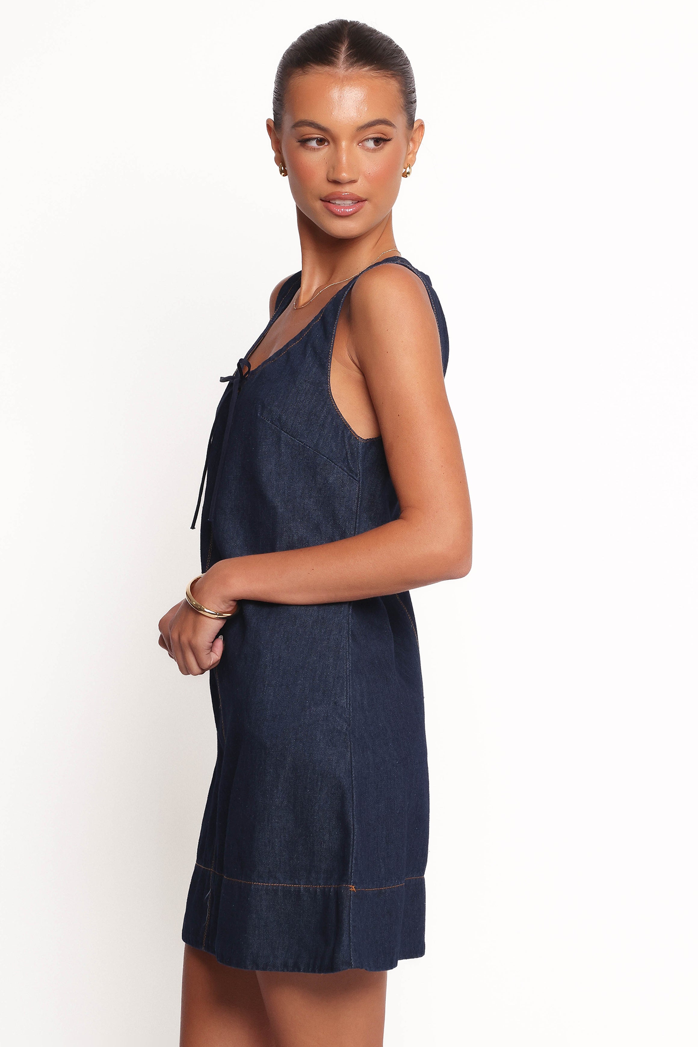 Azen Denim Mini Dress with Adjustable Neck Tie & Pockets