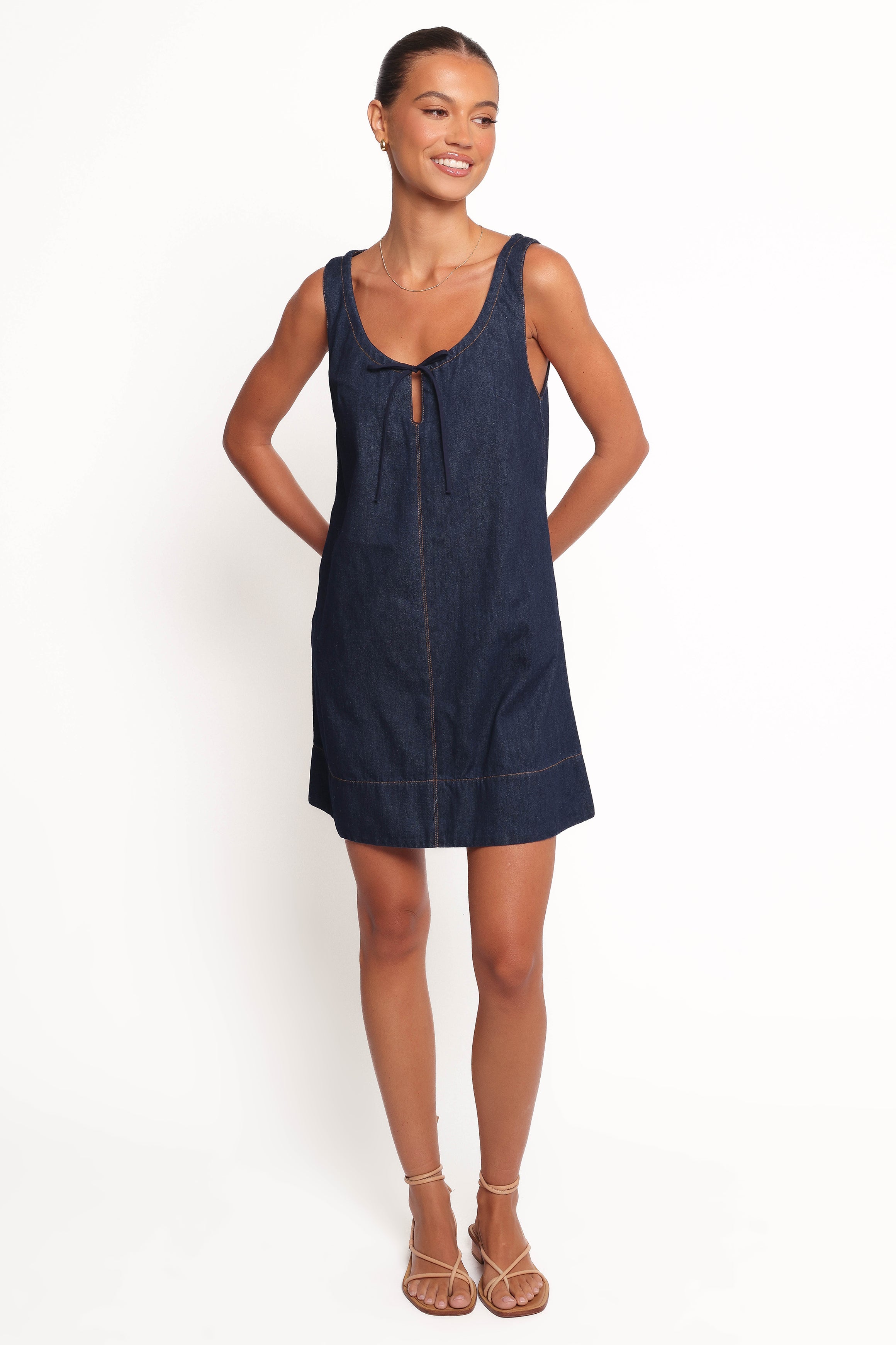 Azen Denim Mini Dress with Adjustable Neck Tie & Pockets