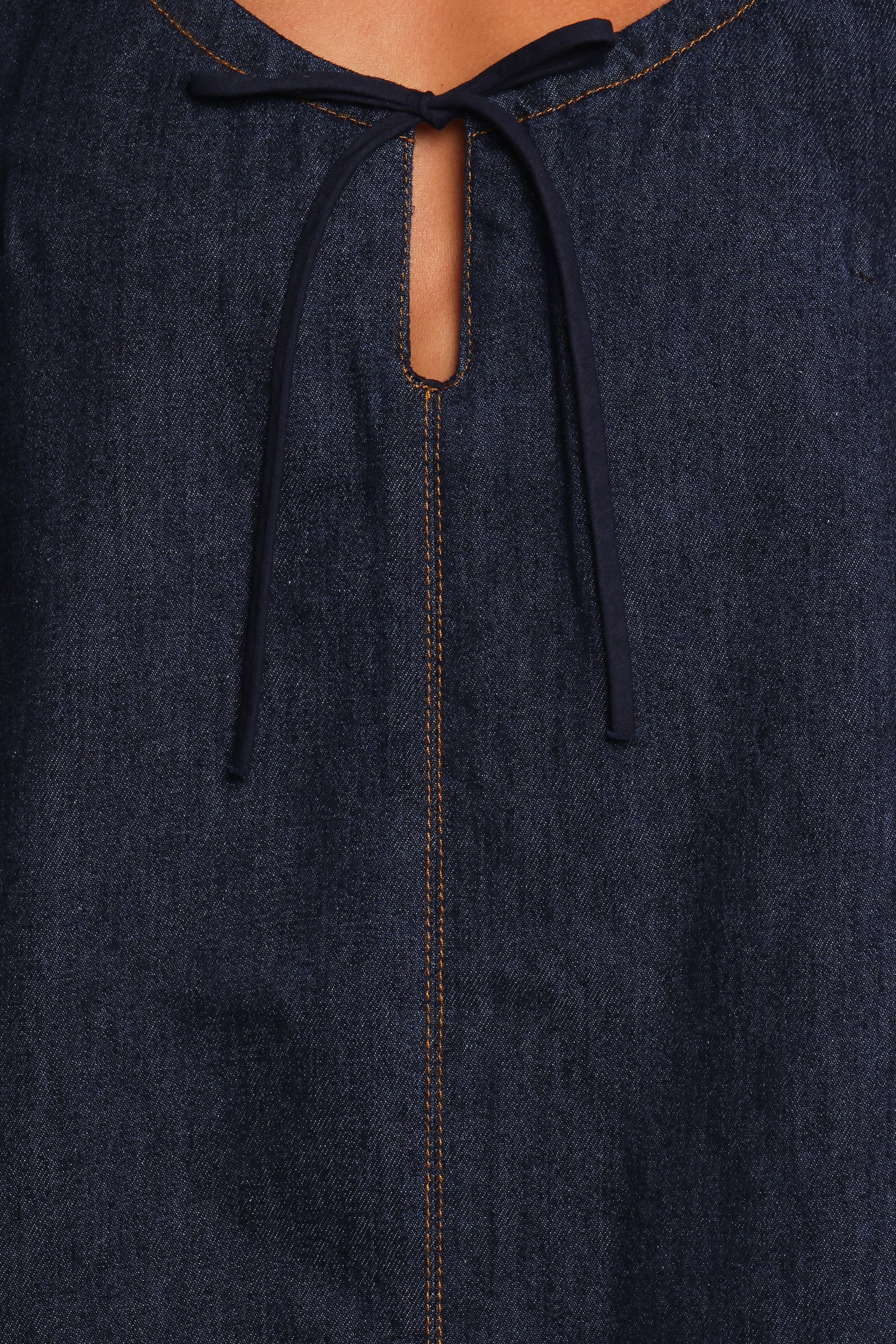 Azen Denim Mini Dress with Adjustable Neck Tie & Pockets