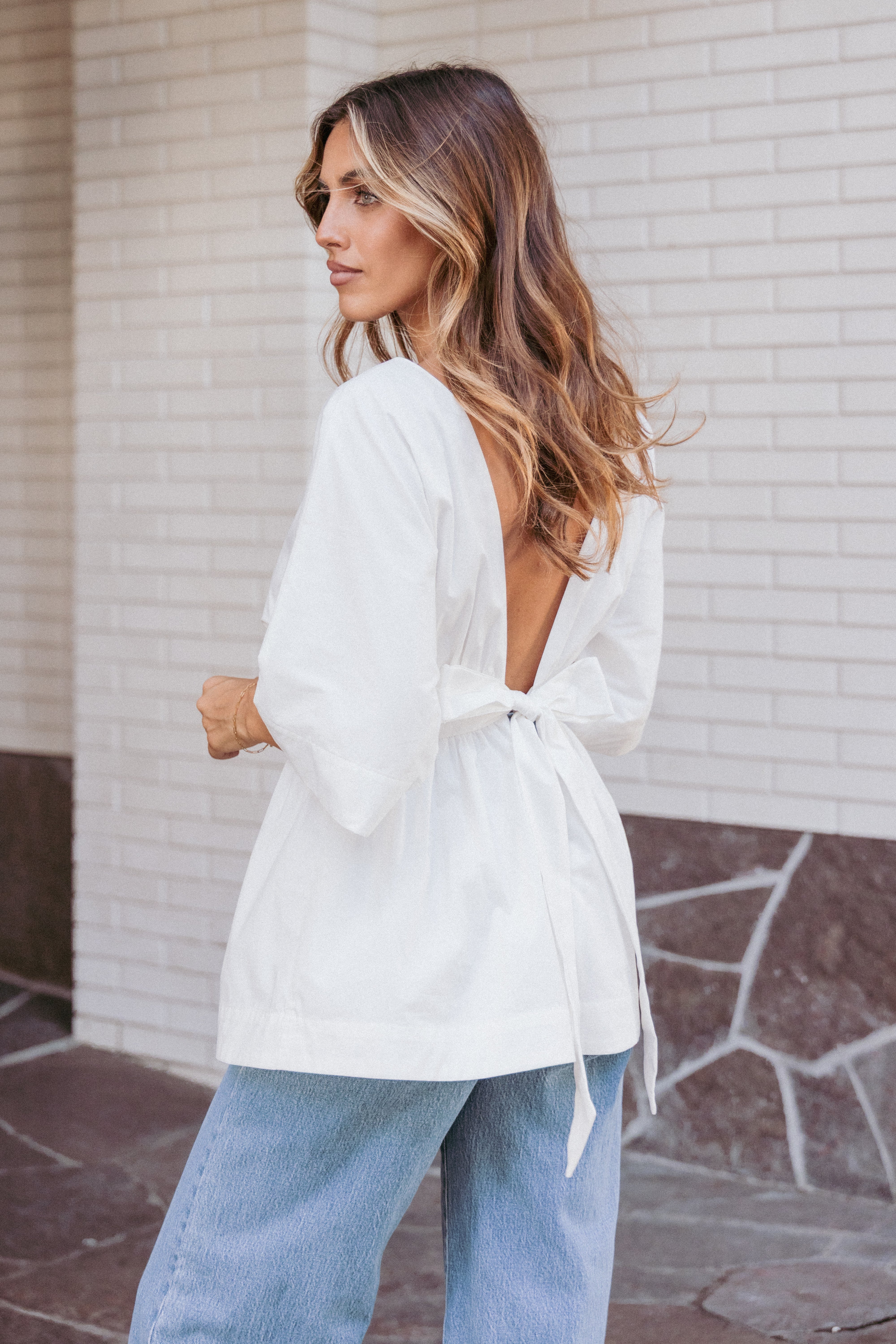 Camila White Open Back Top with Boat Neck & Tie Detail