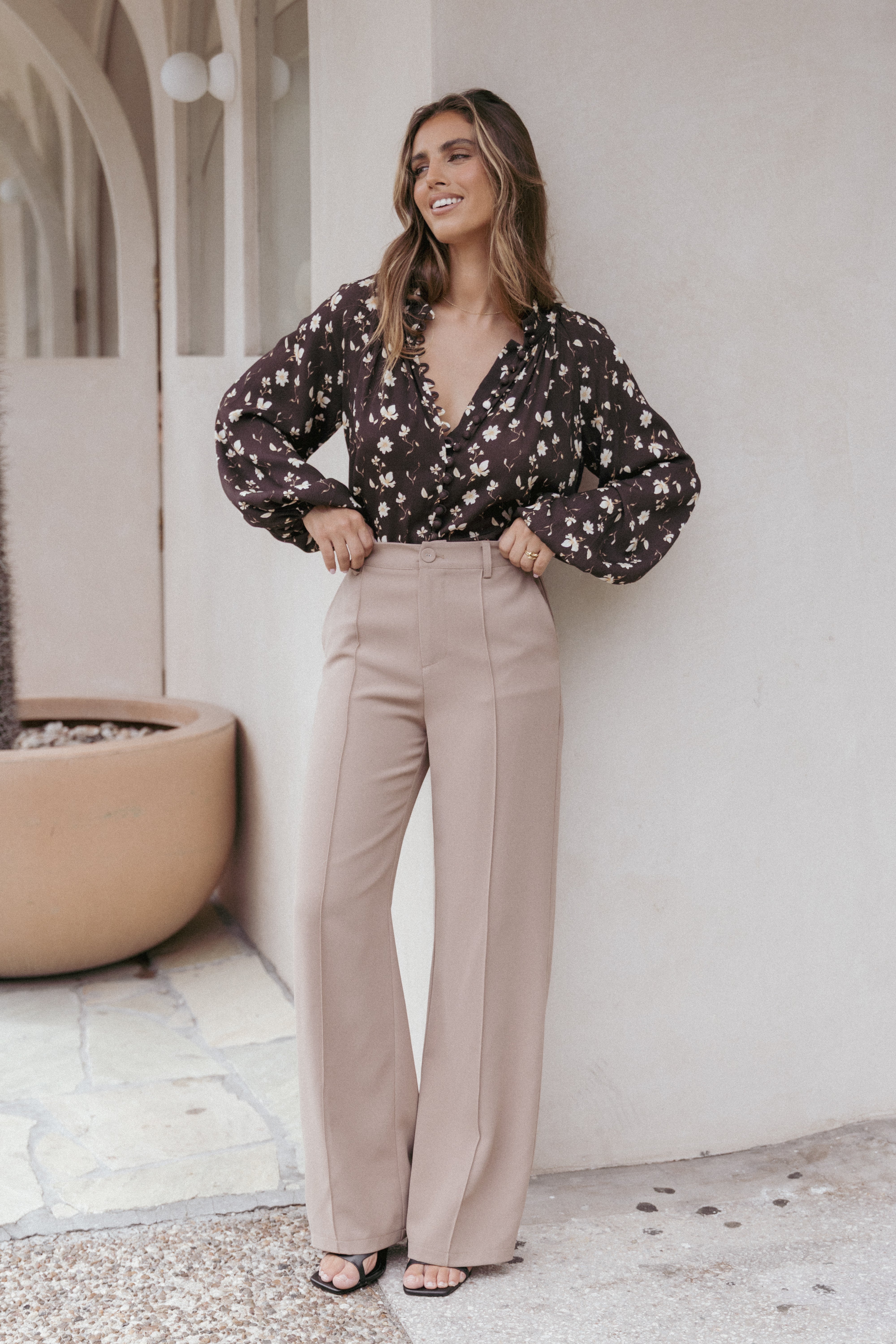 Celia High-Rise Straight Leg Pants in Mocha - Elastic Waistband