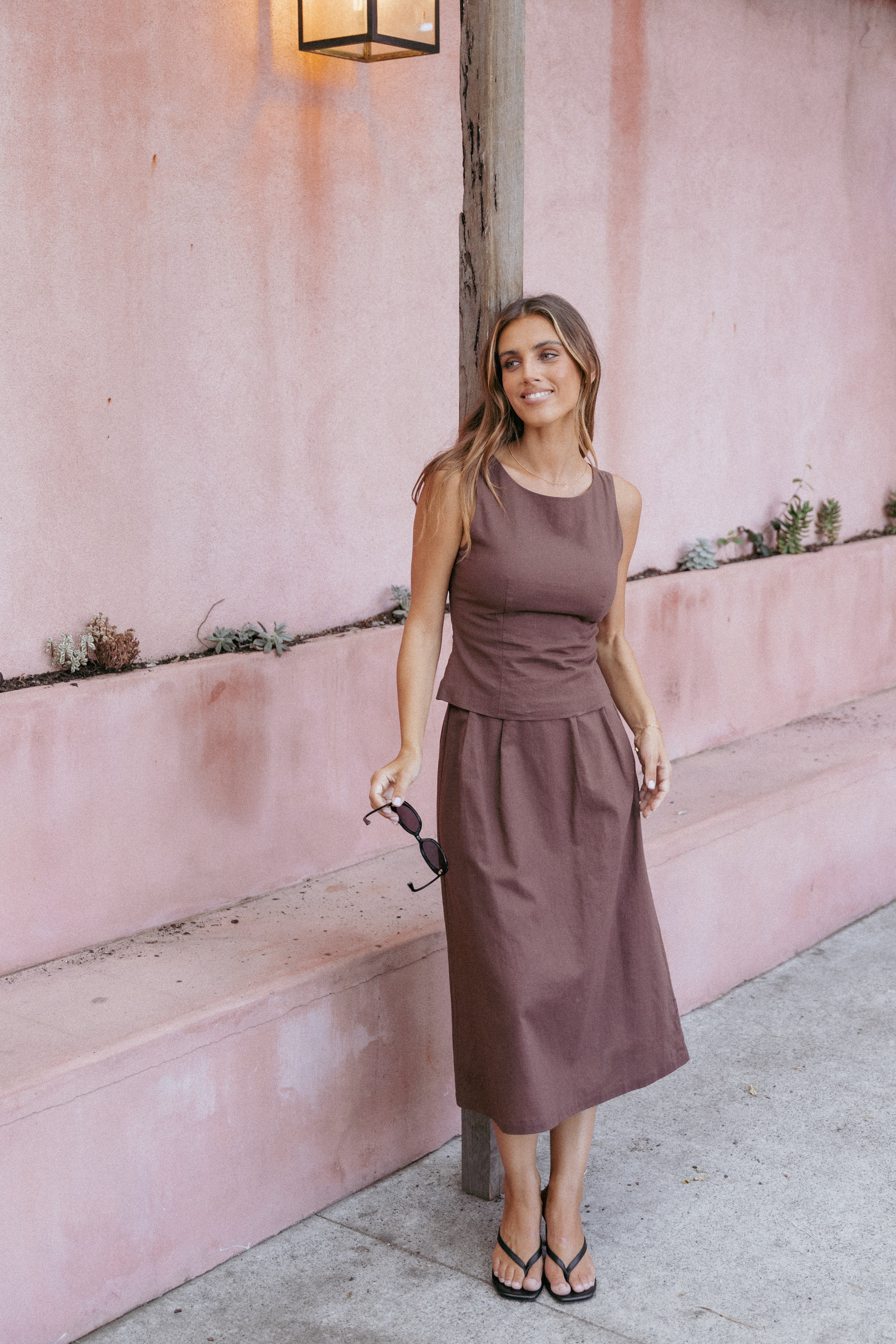 Chiaro Brown A-Line Midi Skirt - Rayon & Cotton Blend