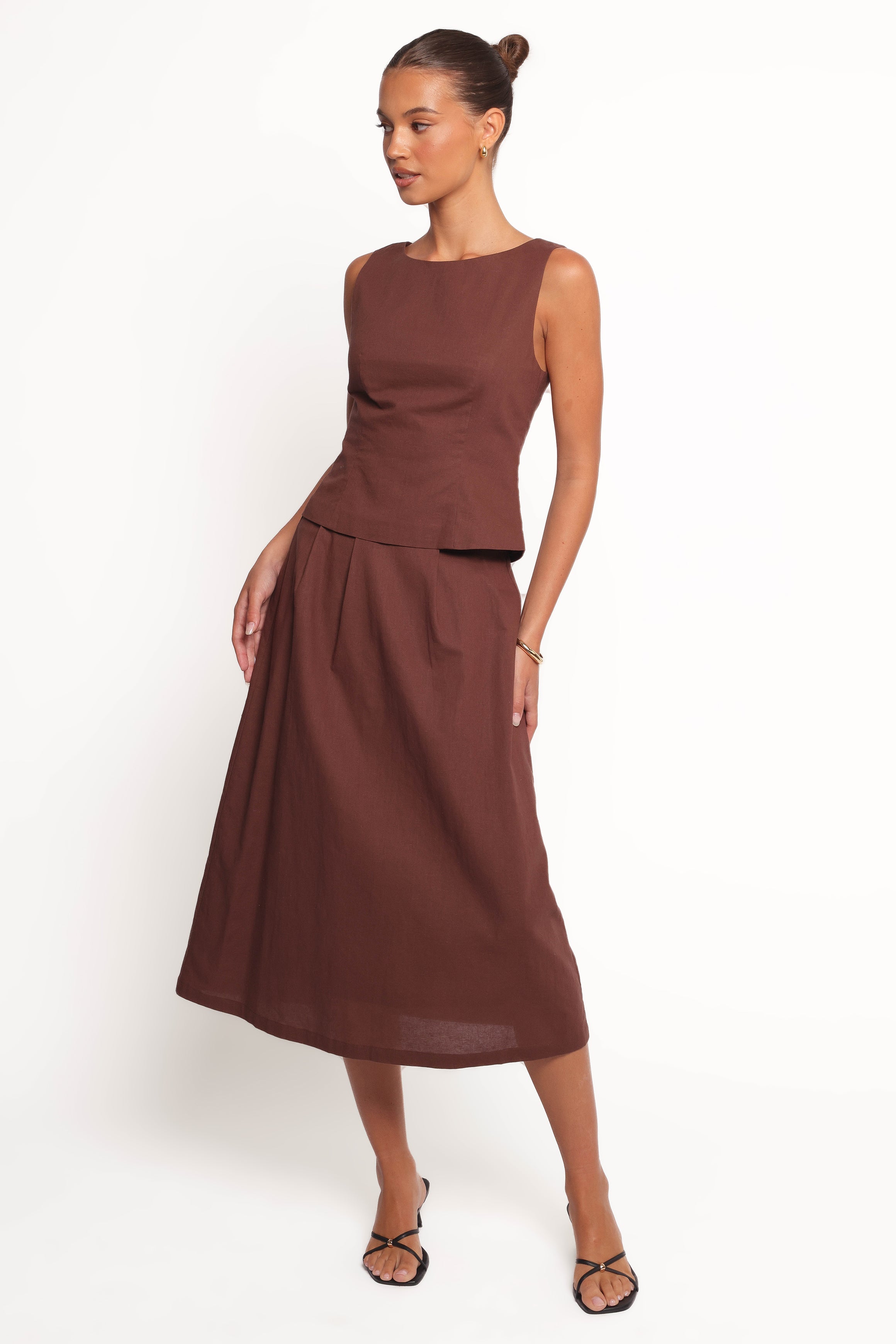 Chiaro Brown A-Line Midi Skirt - Rayon & Cotton Blend