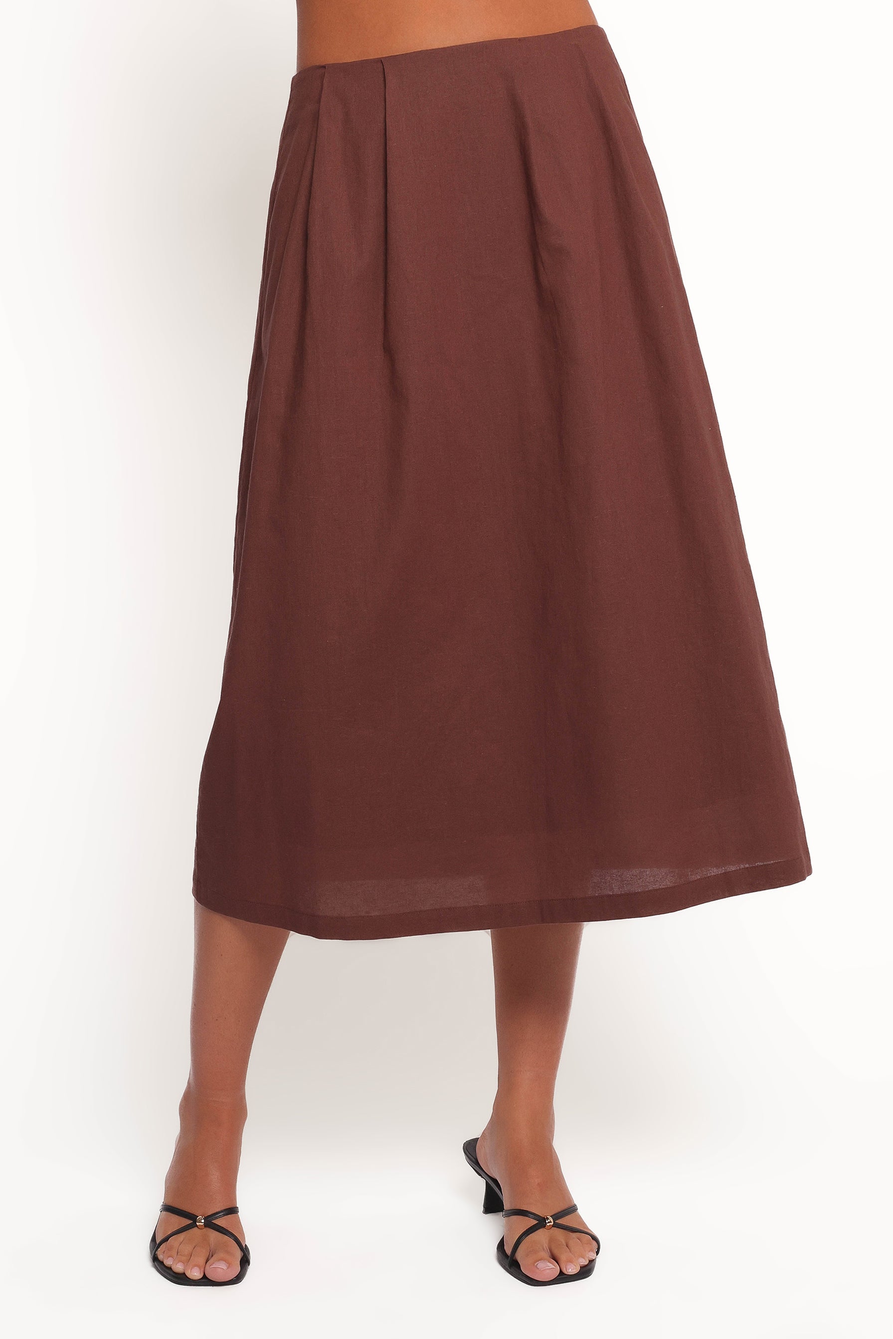 Chiaro Brown A-Line Midi Skirt - Rayon & Cotton Blend