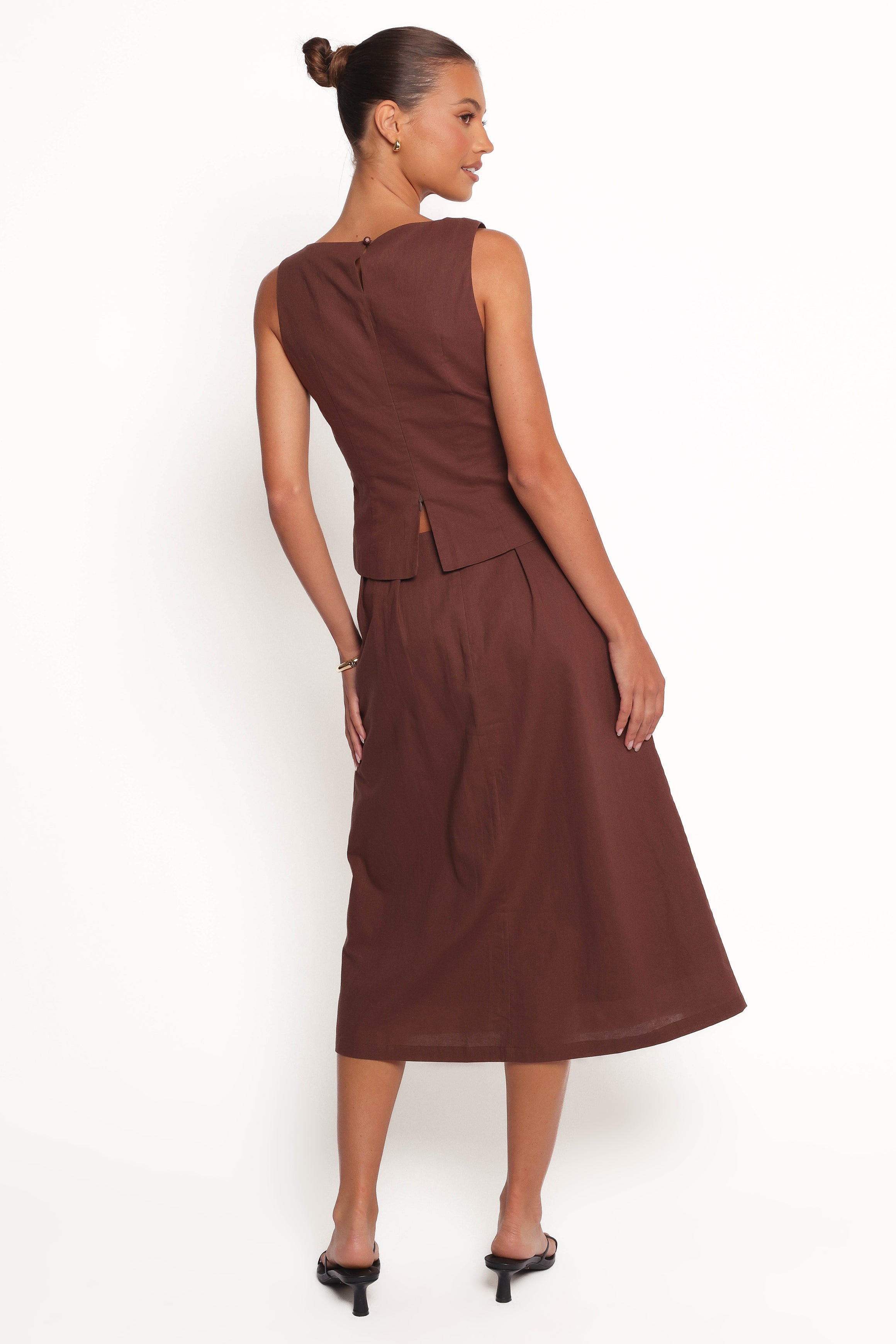 Chiaro Brown A-Line Midi Skirt - Rayon & Cotton Blend