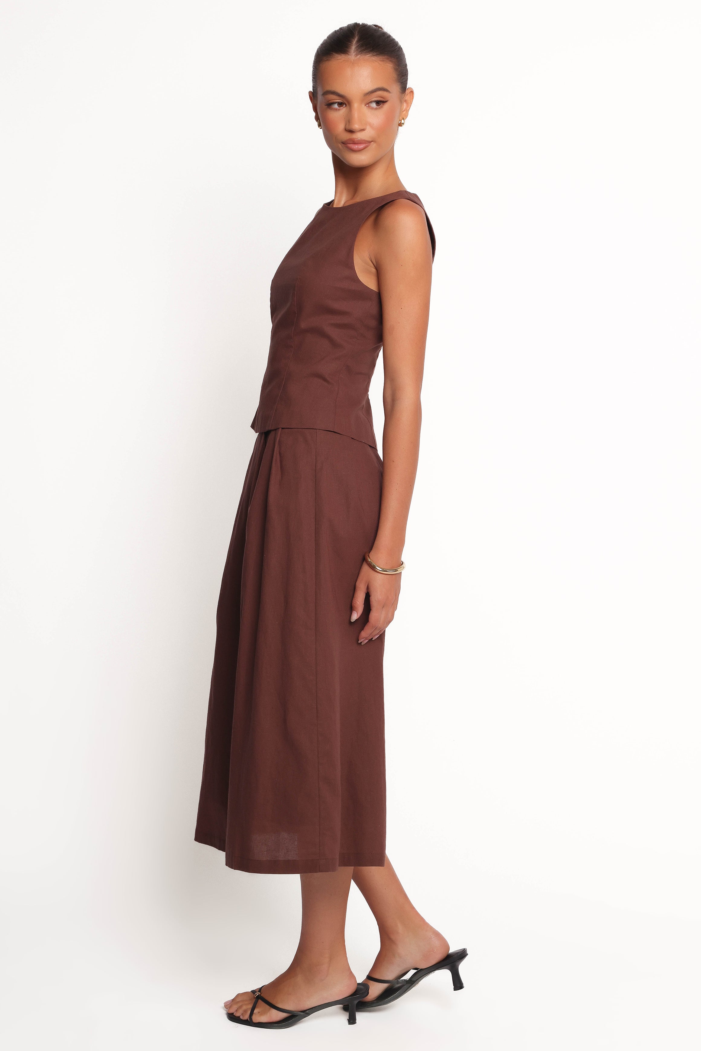 Chiaro Brown A-Line Midi Skirt - Rayon & Cotton Blend