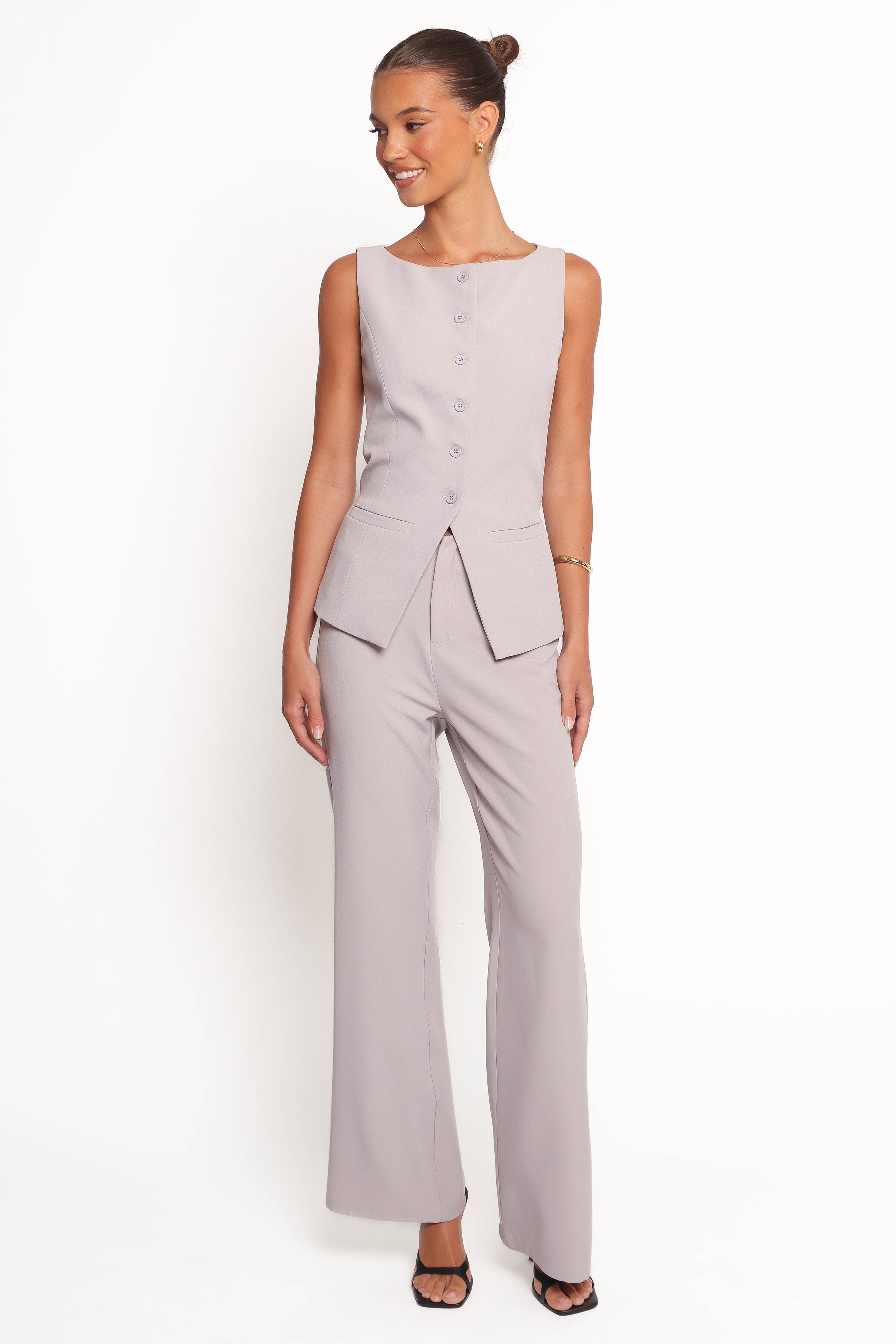 High-Rise Straight Leg Kernie Pants - Light Grey Polyester Blend