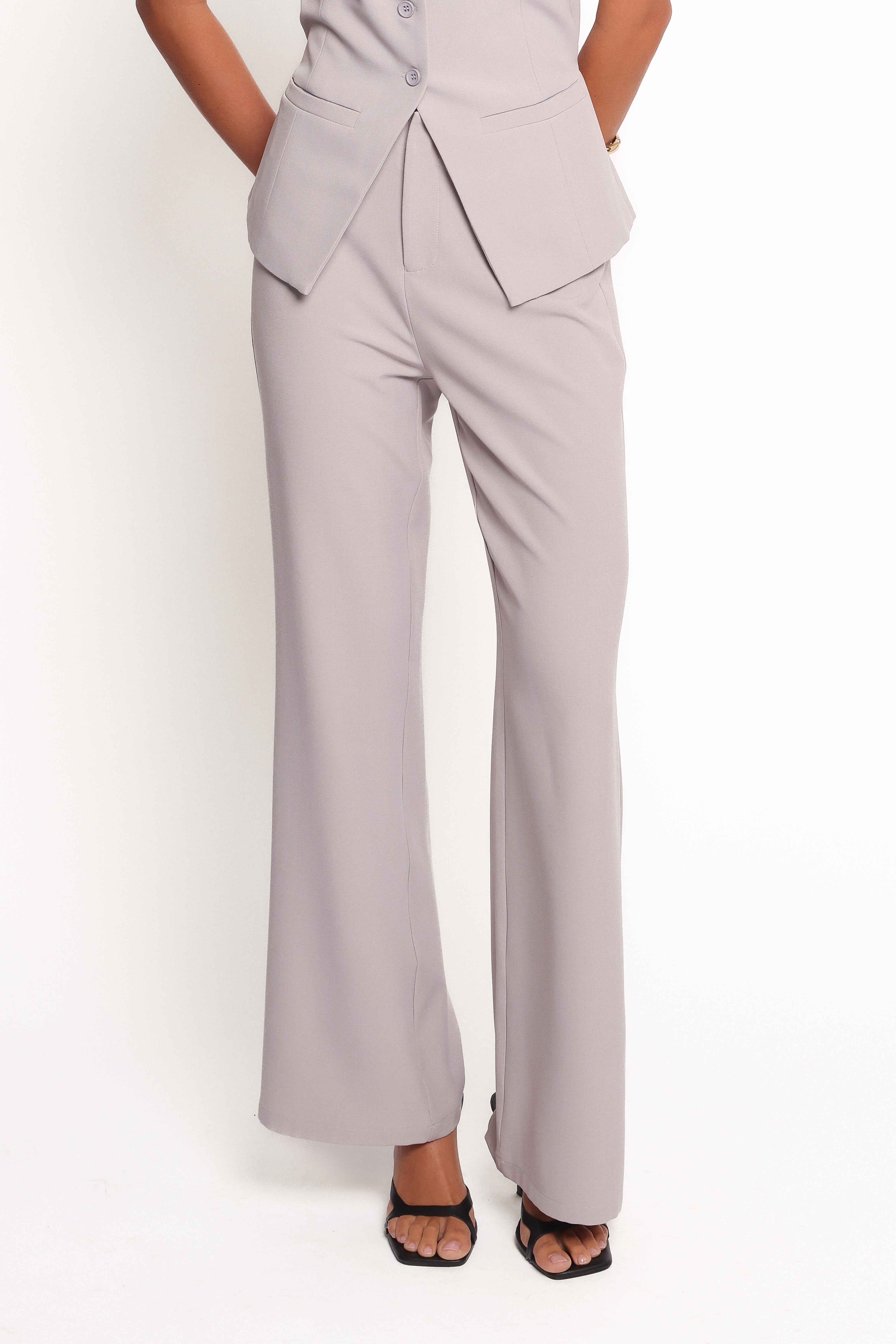 High-Rise Straight Leg Kernie Pants - Light Grey Polyester Blend