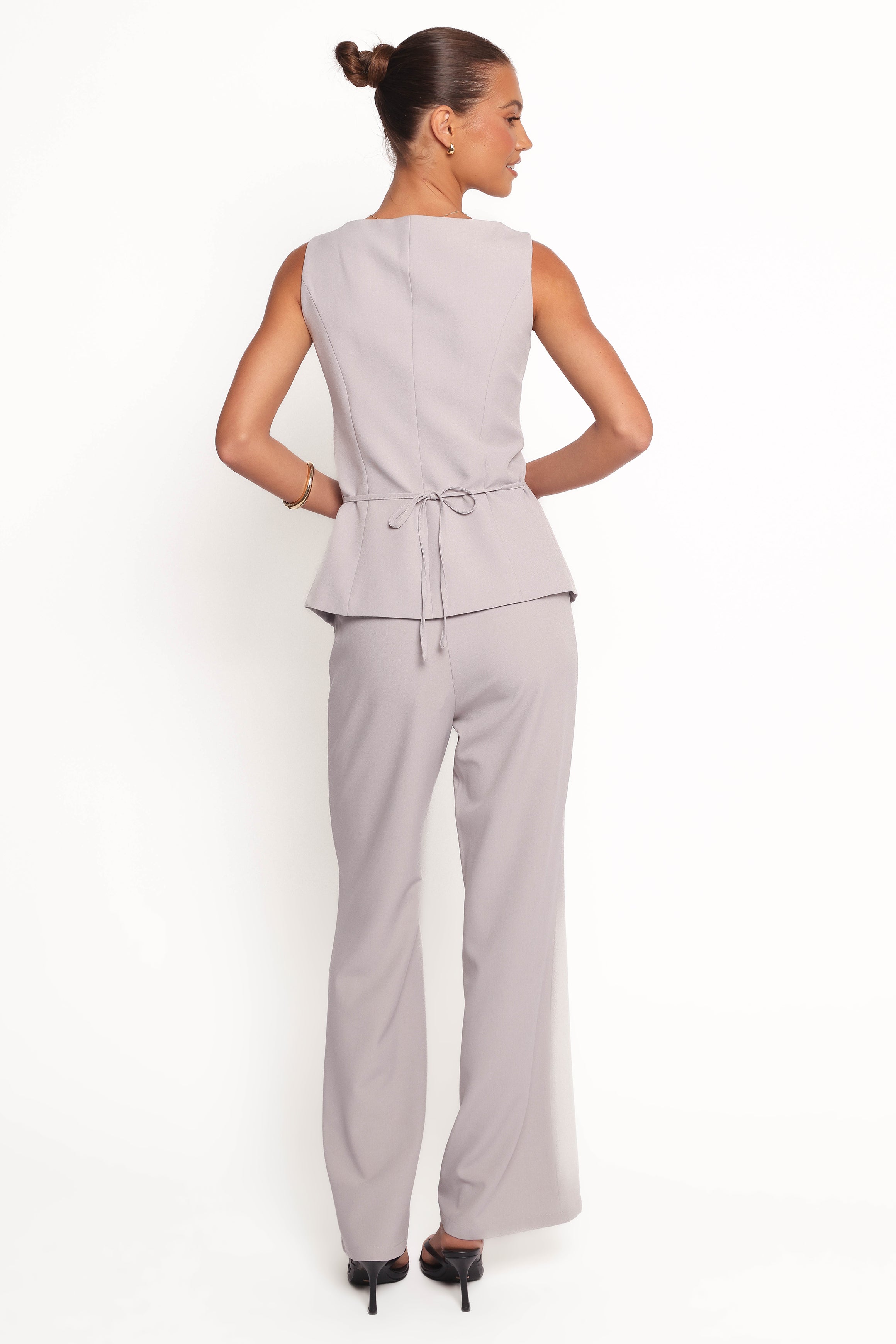 High-Rise Straight Leg Kernie Pants - Light Grey Polyester Blend