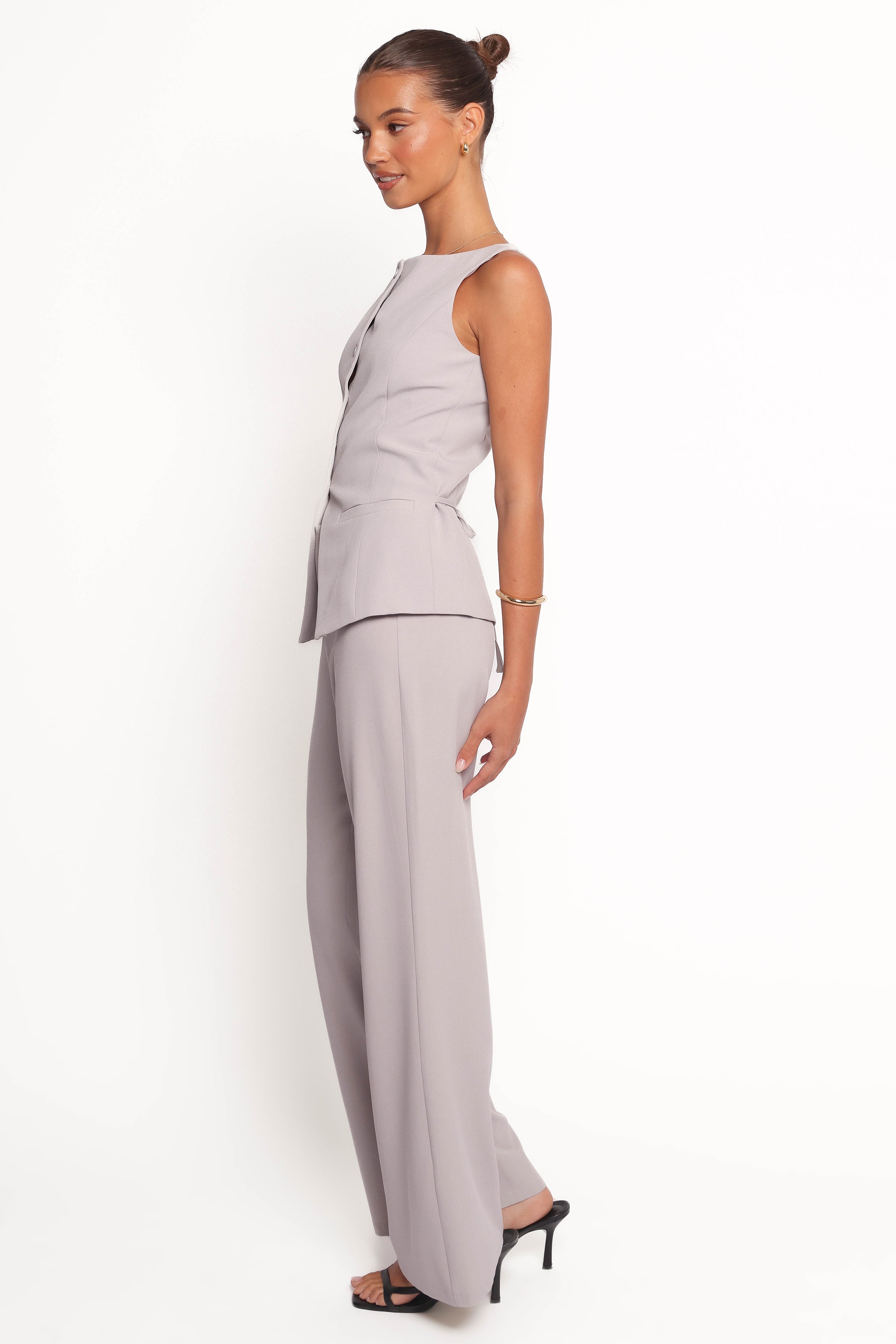 High-Rise Straight Leg Kernie Pants - Light Grey Polyester Blend