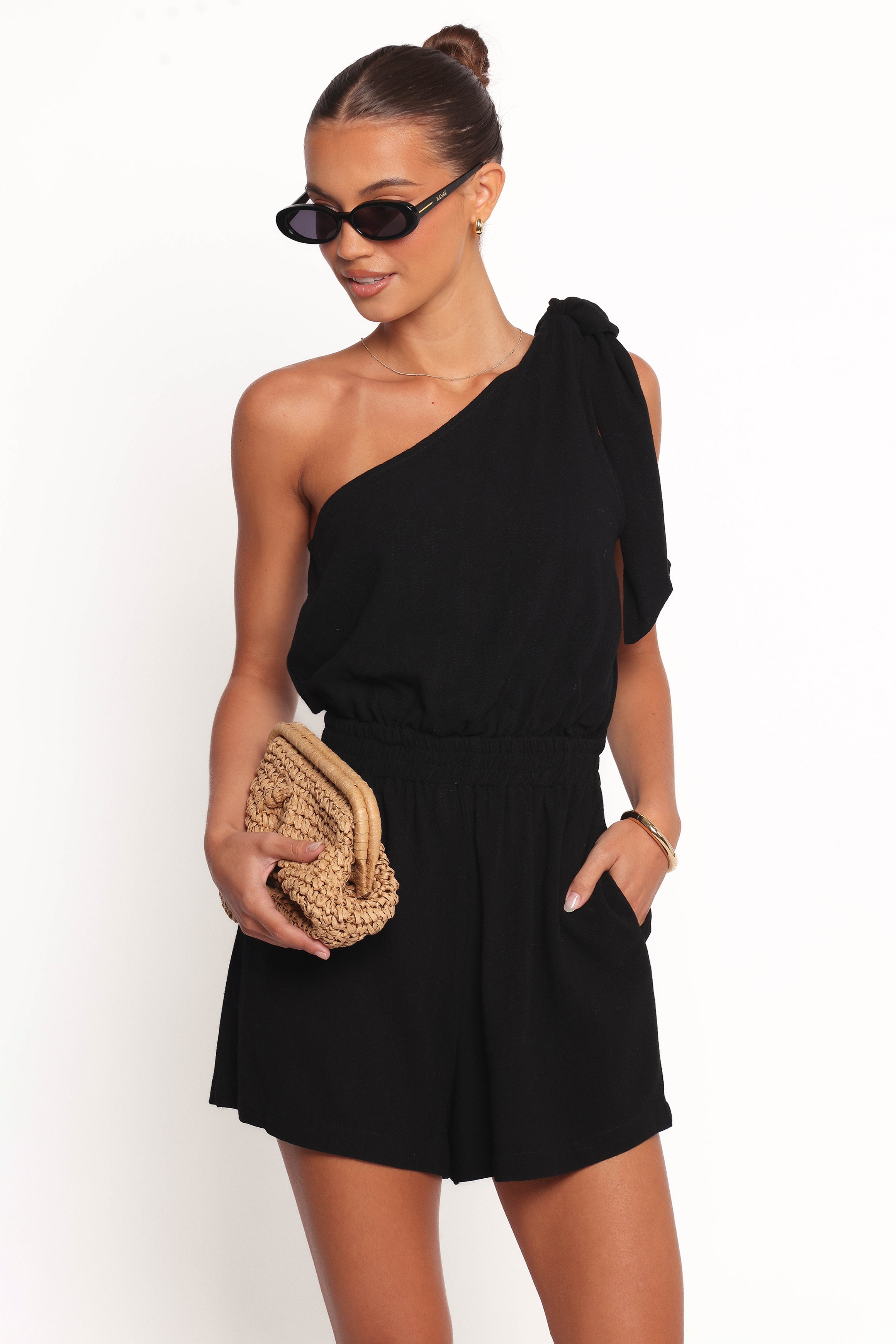 Black One-Shoulder Sally Romper with Floral Print & Pocket