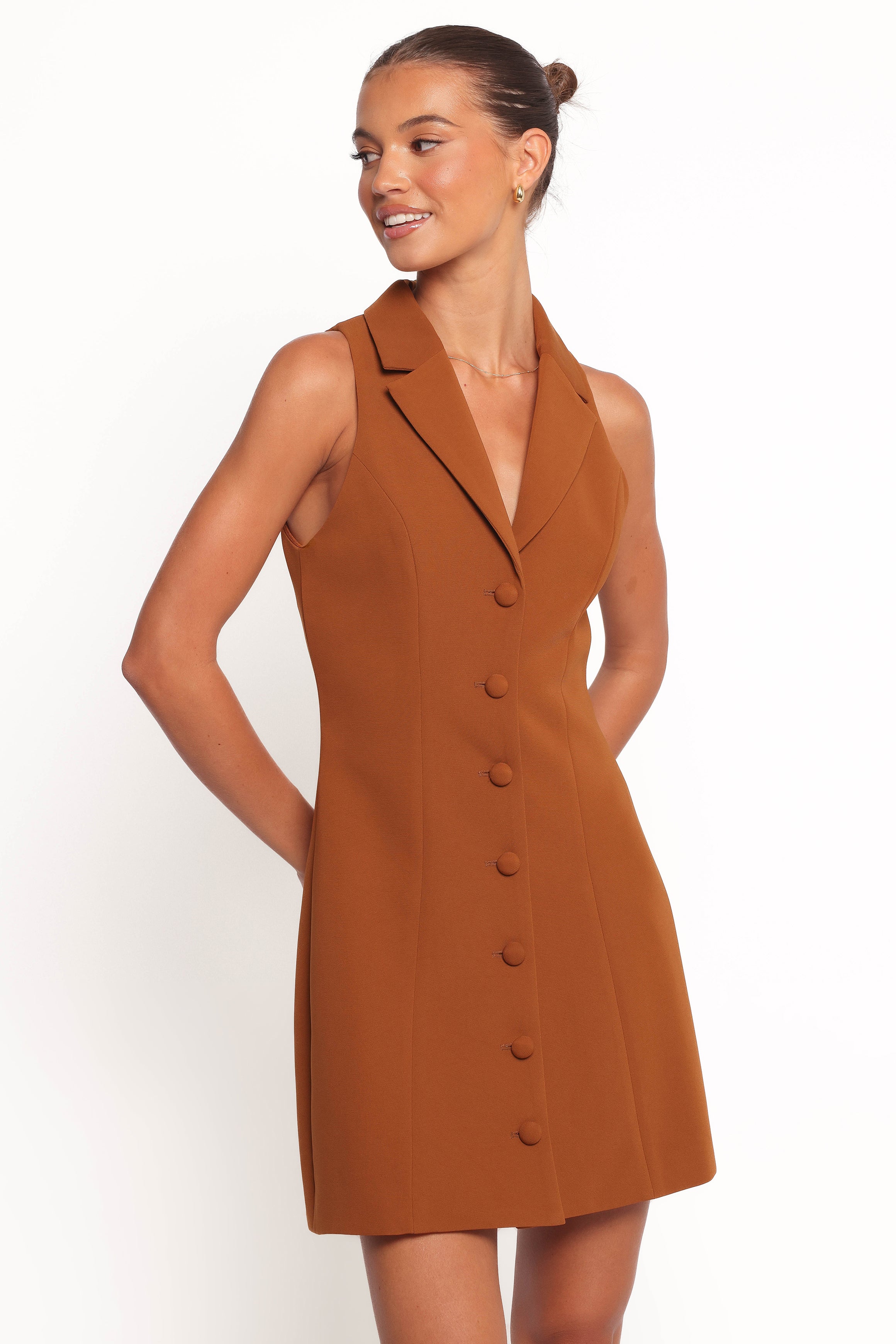Brown Barrett Mini Dress with Notch Lapels & A-Line Skirt