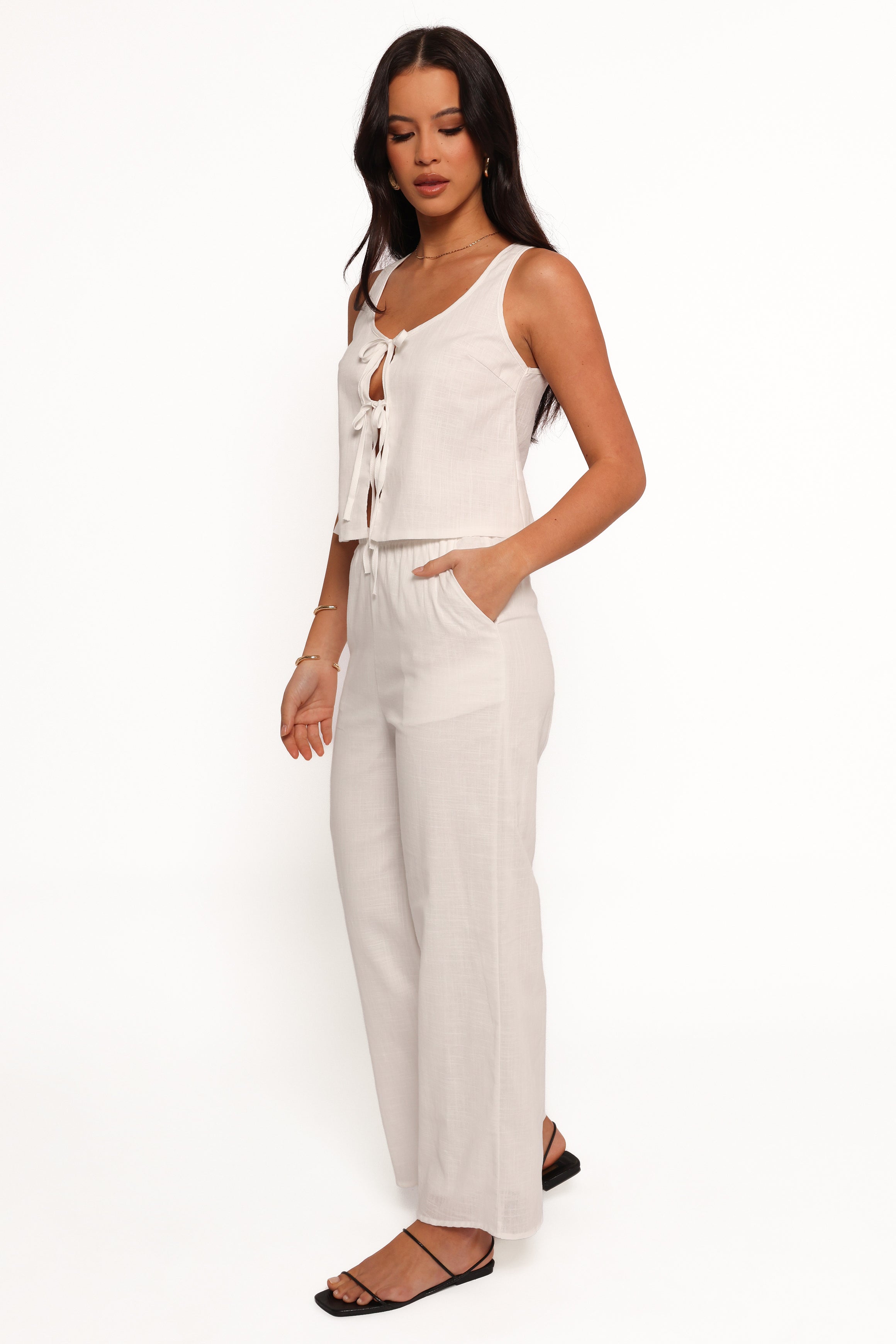 Rhaena Cotton Pant Set - White Sleeveless V-Neck Top & High-Waisted Pants